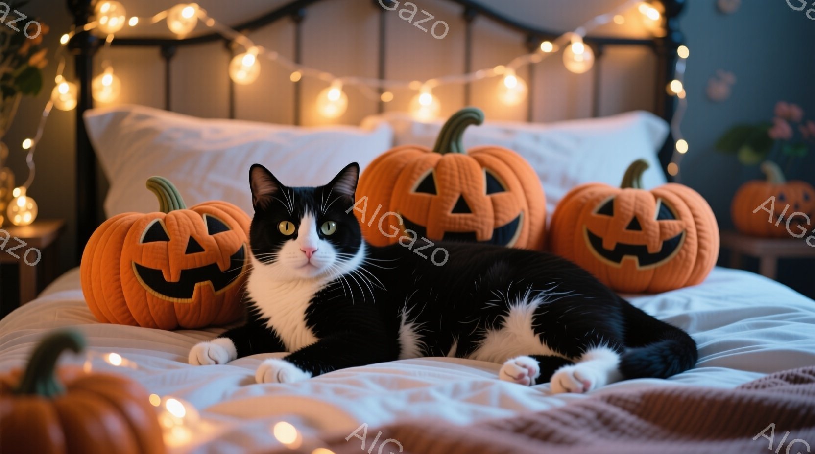 白と黒の猫が、ハロウィーンのパンプキンに囲まれたベッドの上でゆったりと横たわっています。暖色系の照明がベッド周りを飾り、リラックスした秋の雰囲気を醸し出しています。背景には、ハロウィーンの装飾が施され - AI生成フリー素材