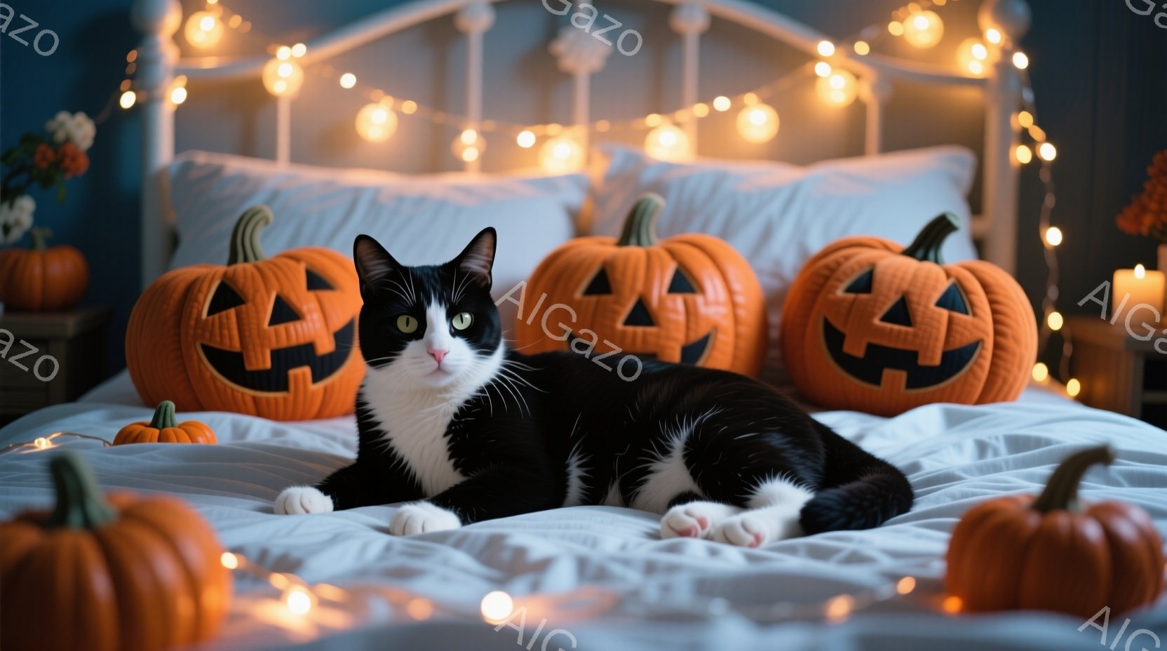 白と黒の猫がベッドに横たわっており、周囲にはハロウィーンの装飾であるジャック・オー・ランタンが並べられています。猫はリラックスした様子で、前足を伸ばし、カメラ目線で少し警戒した表情をしています。背景に - AI生成フリー素材
