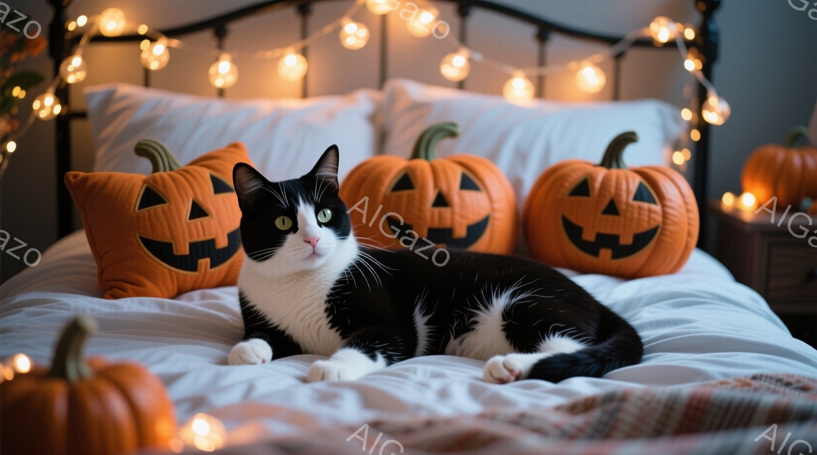 白と黒の猫が、ハロウィーンのオレンジ色のジャック・オー・ランタンの枕が並んだベッドに横たわっています。猫はリラックスした表情で、前足を伸ばし、カメラの方を見ています。ベッドの背景には、点灯したオレンジ色のイルミネーションライトがあり、ハロウィーンの暖かい雰囲気を醸し出しています。