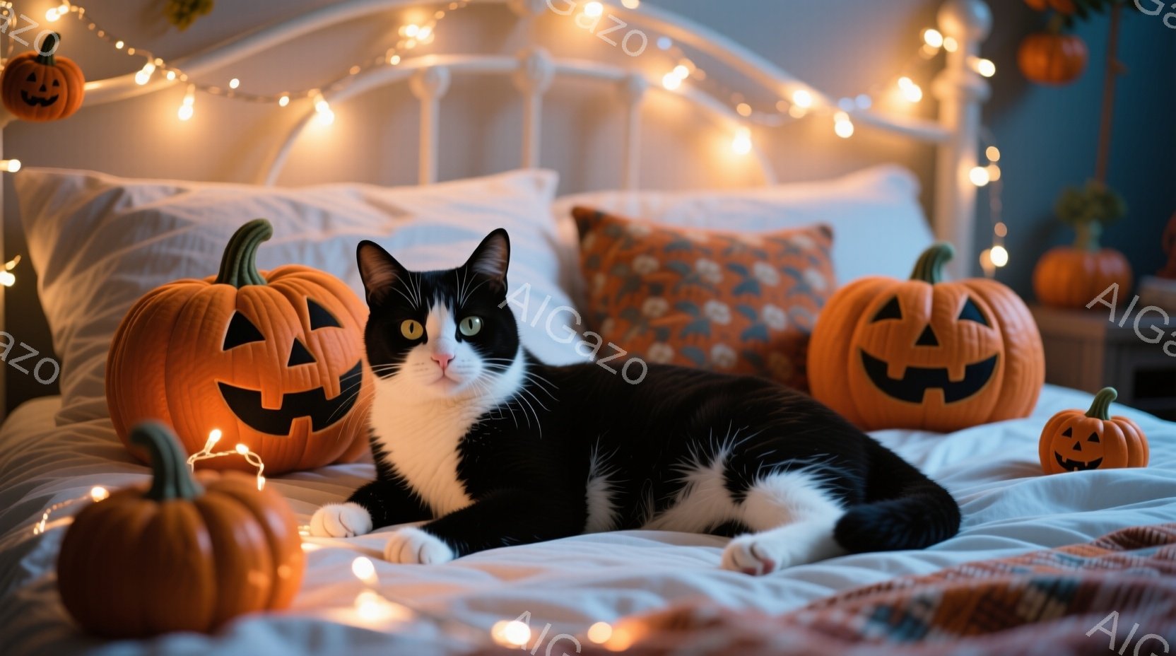 白と黒の猫が、ハロウィーンの飾りであるオレンジ色のジャック・オー・ランタンに囲まれたベッドの上で横たわっています。猫はリラックスした表情で、正面を見つめています。背景には、クリスマスのイルミネーションのようなオレンジ色のライトが飾られ、全体的に暖かく、お祝いムードにあふれています。