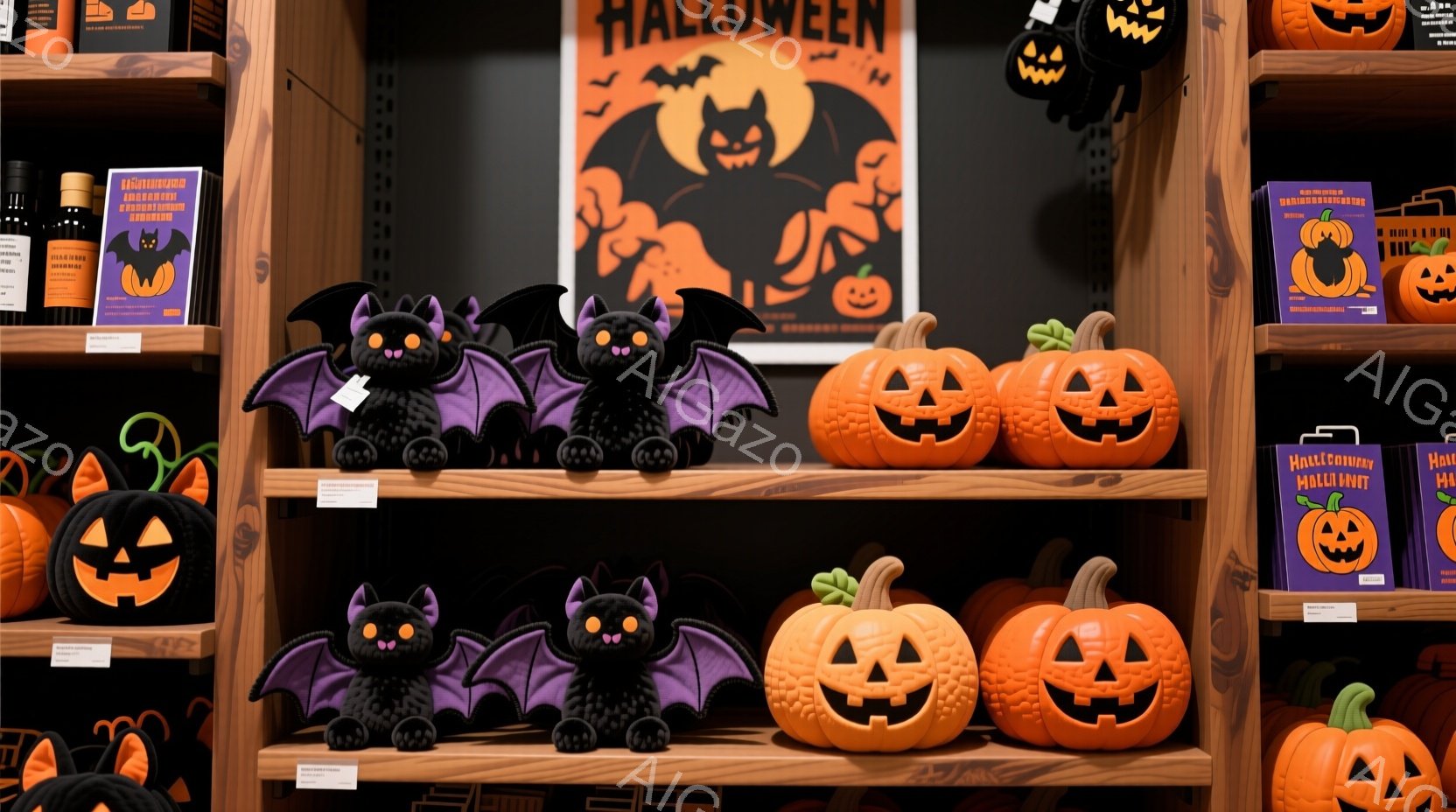 ハロウィーンの装飾品が棚に並べられています。黒いコウモリのぬいぐるみとオレンジ色のジャック・オ・ランタンの置物が主な展示品で、背景にはハロウィーンをテーマにしたポスターが見えます。全体的に、暖かくお祝 - AI生成フリー素材