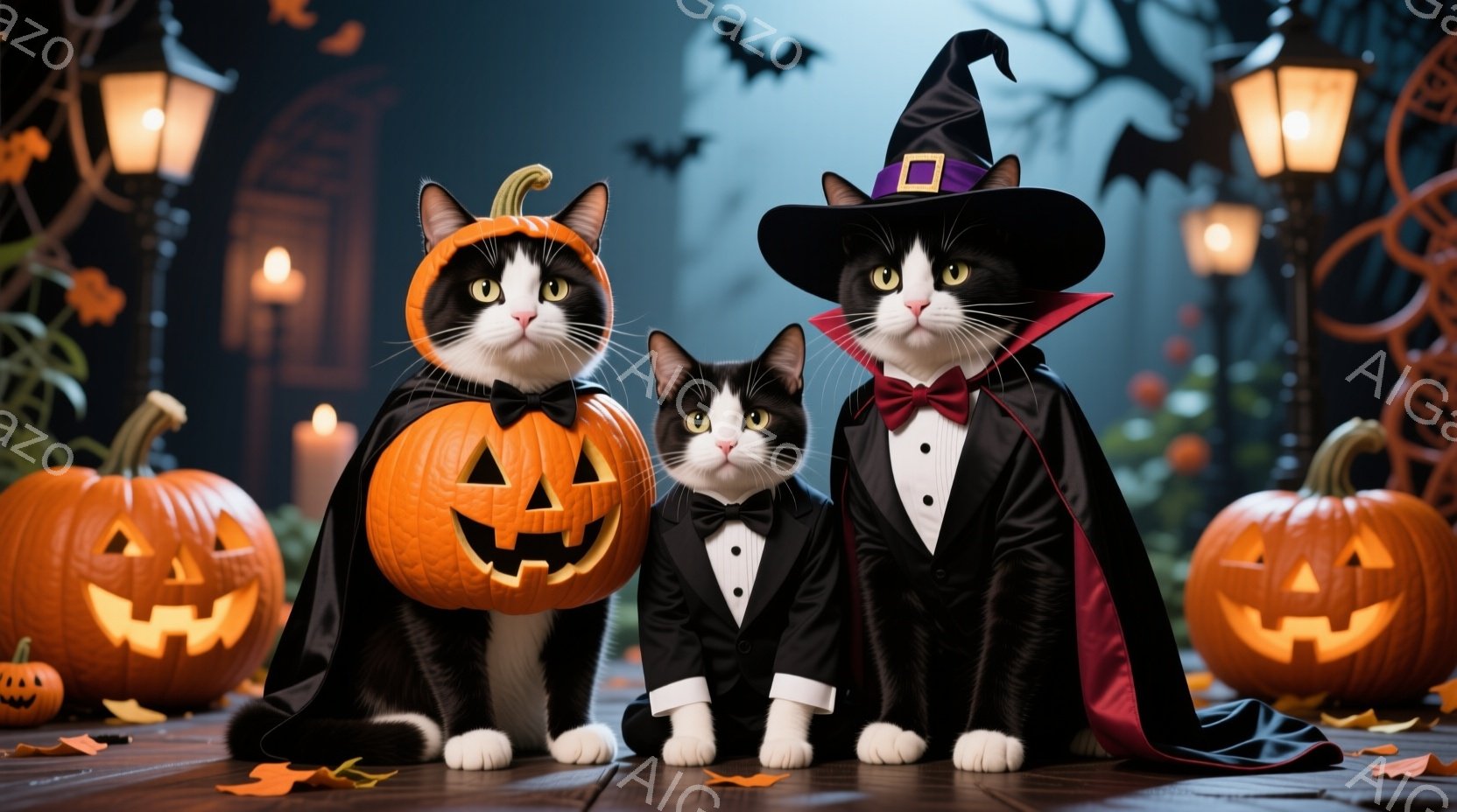 三匹の猫がハロウィーンの衣装を着て並んで座っています。左の猫はカボチャの衣装、中央の猫はタキシード、右の猫は魔女の帽子とマントを身につけており、それぞれ異なる表情をしています。背景には、彫刻が施されたカボチャや、木々、そして遠くに見える建物があり、暗く、少し不気味なハロウィーンの雰囲気が漂っています。