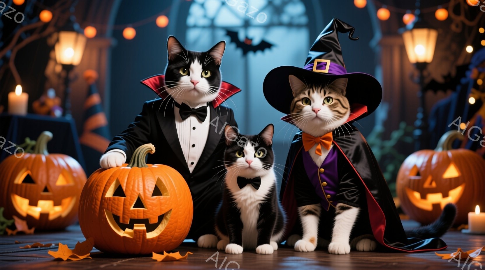 ハロウィンの飾り付けがされた室内で、３匹の猫がそれぞれコスチュームを着て座っています。一匹は吸血鬼風のタキシードと蝶ネクタイをつけ、もう一匹は魔女の帽子と黒いマントを身に着けています。背景にはジャック - AI生成フリー素材