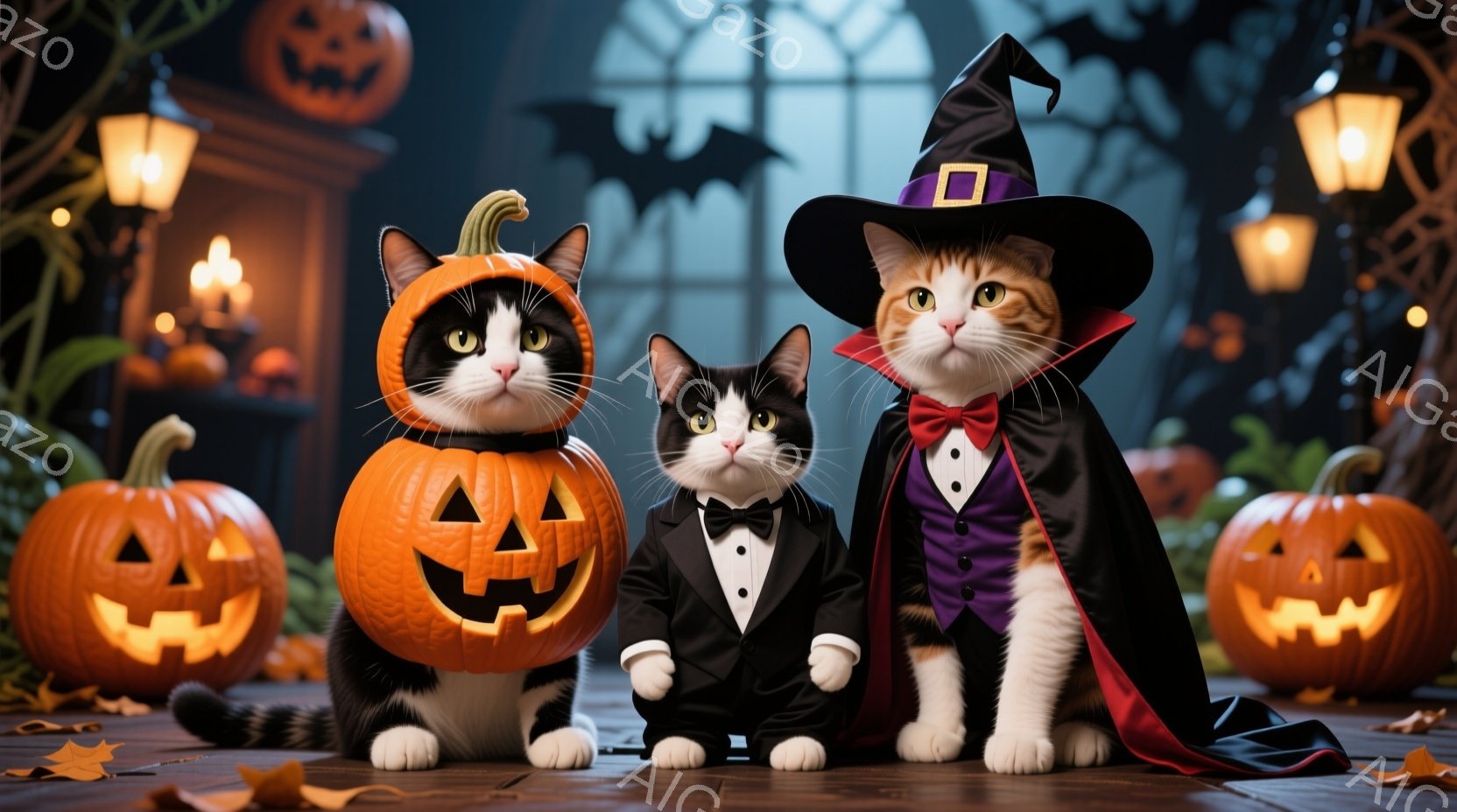 三匹の猫がハロウィーンの衣装を着て、床に並んで座っています。左の猫はジャック・オー・ランタンの衣装、中央の猫はタキシード、右の猫は魔女の帽子とマントを着用しており、それぞれ異なる表情をしています。背景には、ハロウィーンの装飾が施された建物や、浮かぶコウモリ、明るく照らされたカボチャが配置され、お祝いの雰囲気を作り出しています。