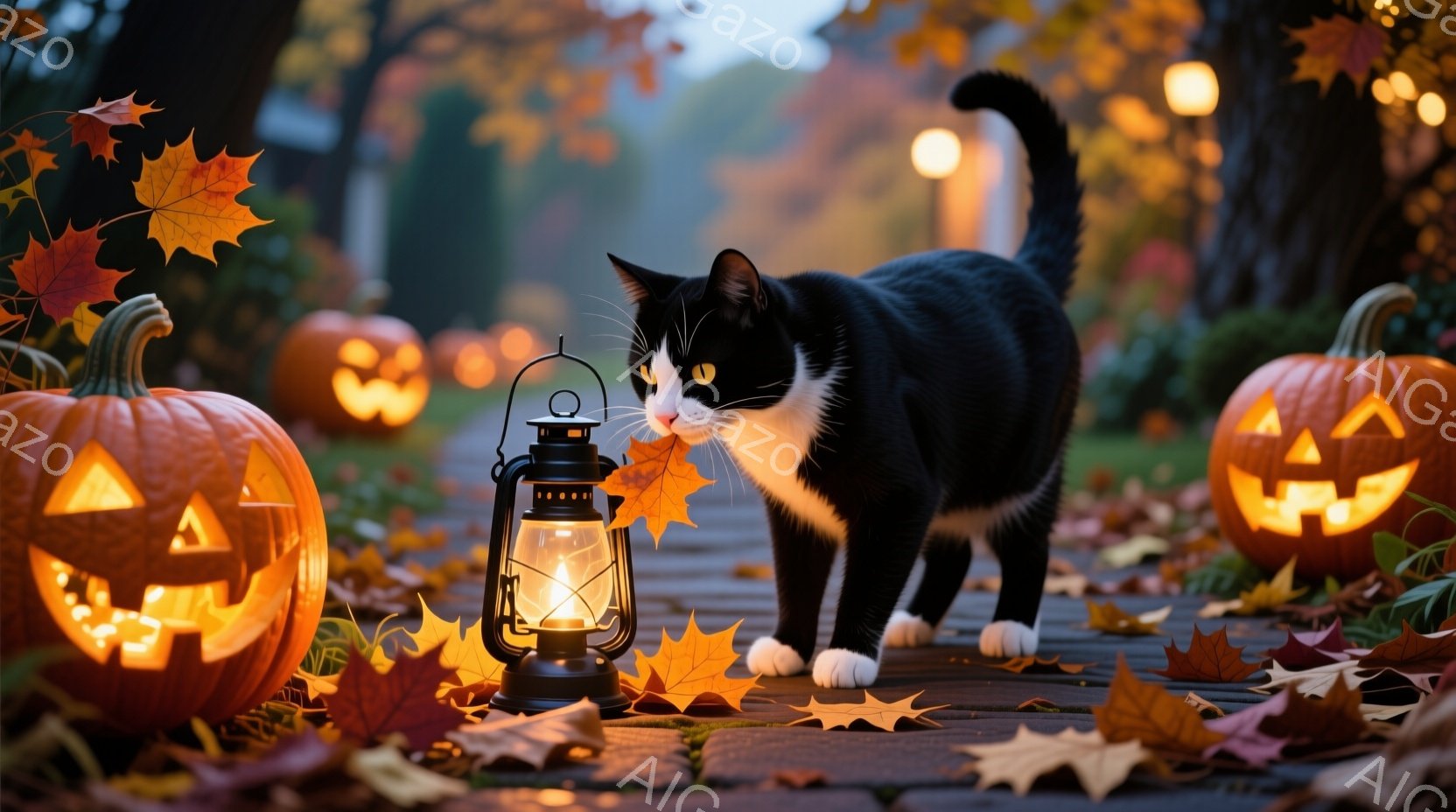 白と黒の猫が、ハロウィーンの飾り付けられた庭の小道の中央を歩いている。周りには彫刻が施されたジャック・オ・ランタンや散らばった紅葉が敷き詰められ、暖かく柔らかな光を放つランタンが猫の近くに置かれている - AI生成フリー素材