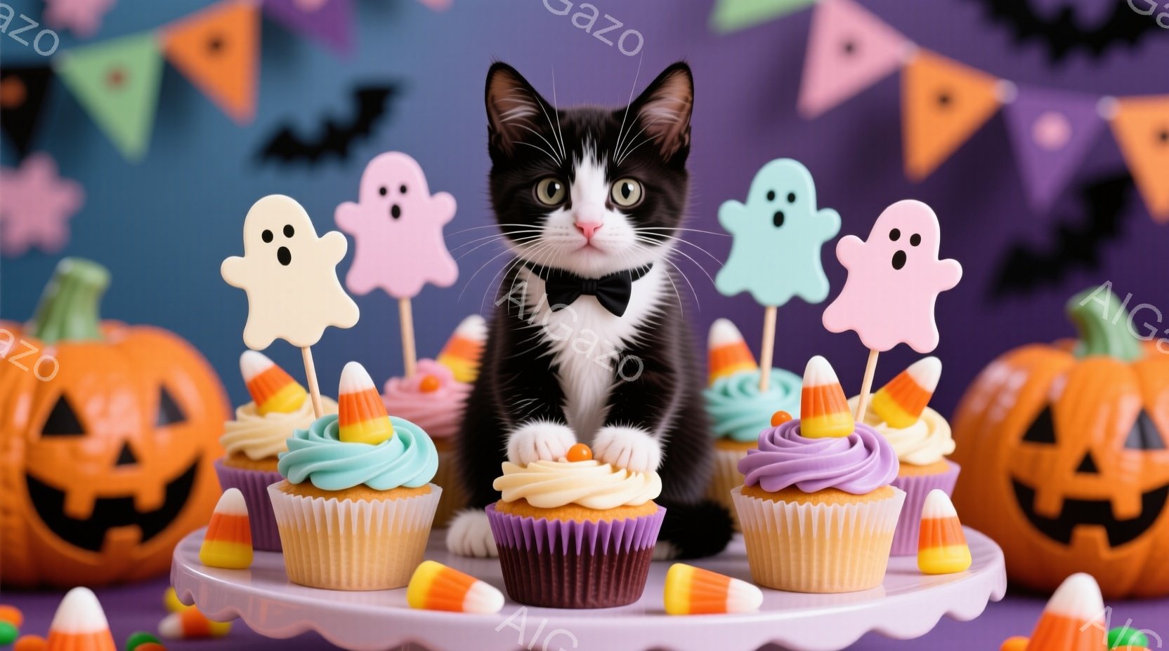 白と黒の猫が、ハロウィーンをテーマにしたカップケーキの盛られたケーキスタンドの前に座っています。猫は蝶ネクタイをつけており、真剣な表情でカメラを見つめています。背景には、かぼちゃのランタン、キャンディコーン、幽霊の形をした飾り、そして紫色の背景が広がっており、お祝いの雰囲気を醸し出しています。