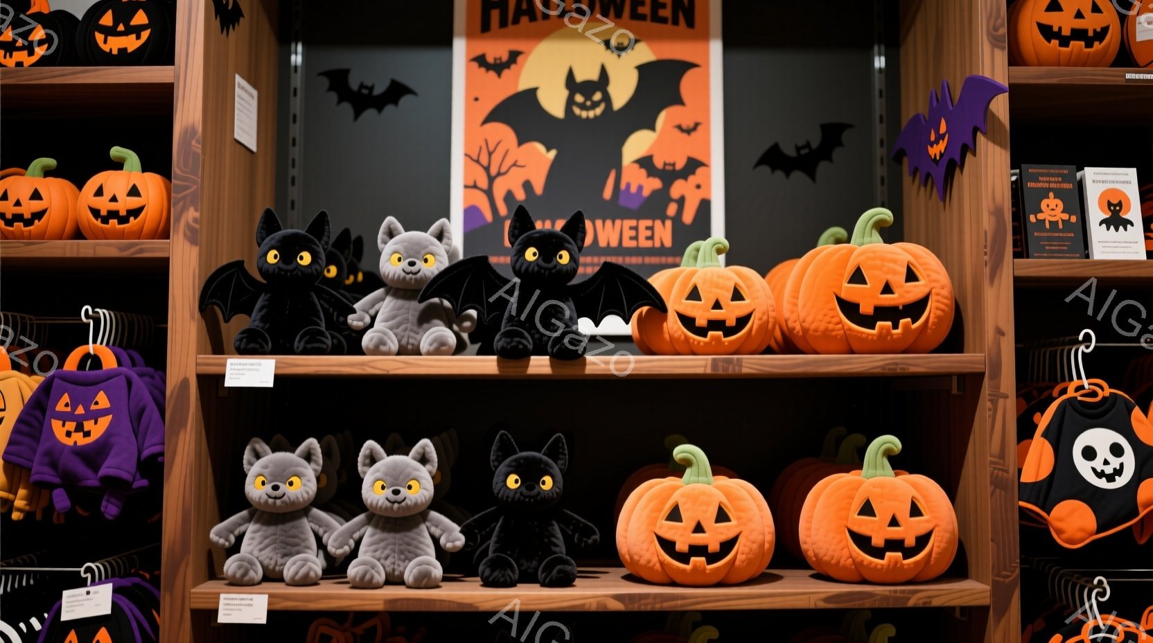 ハロウィーンの装飾が並んだ棚の写真です。紫色の背景にカボチャやお化けが描かれたポスターが目立ち、その手前に灰色の毛並みのコウモリのぬいぐるみやオレンジ色のカボチャの置物が整然と並んでいます。全体的にハロウィーンの楽しい雰囲気が漂う、お祝いのディスプレイとなっています。
