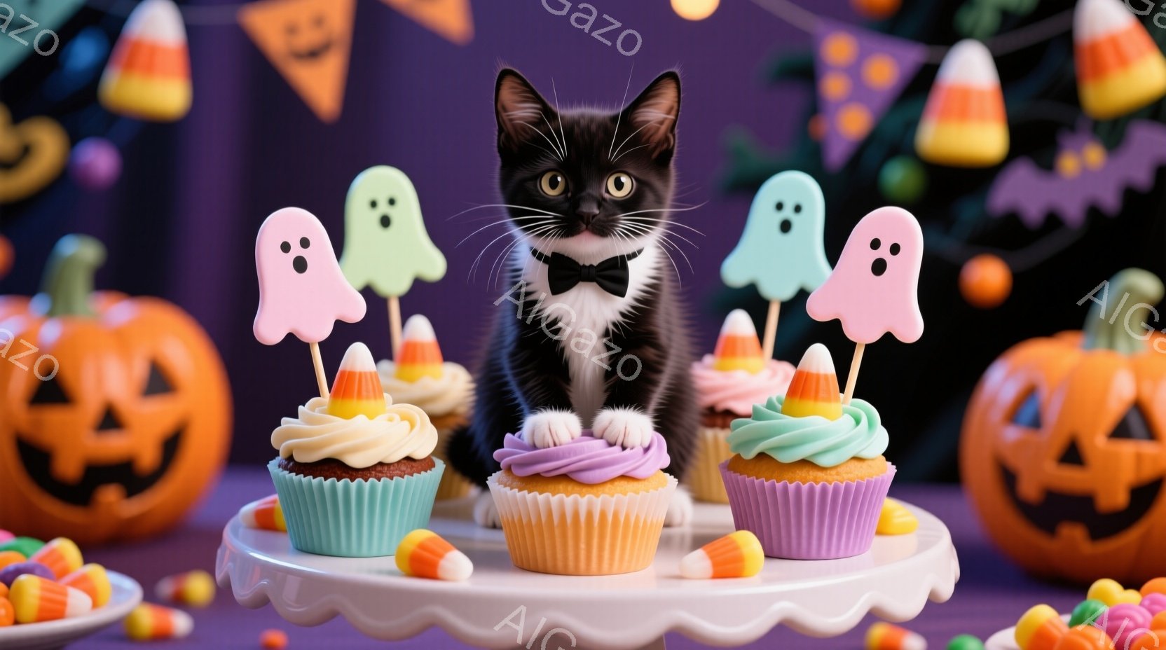 白と黒の猫が、ハロウィーンをテーマにしたケーキのディスプレイの中心に座っています。ケーキはピンク、オレンジ、緑のアイシングで飾られ、キャンディコーンと幽霊の飾りで彩られています。背景には、ハロウィーン - AI生成フリー素材