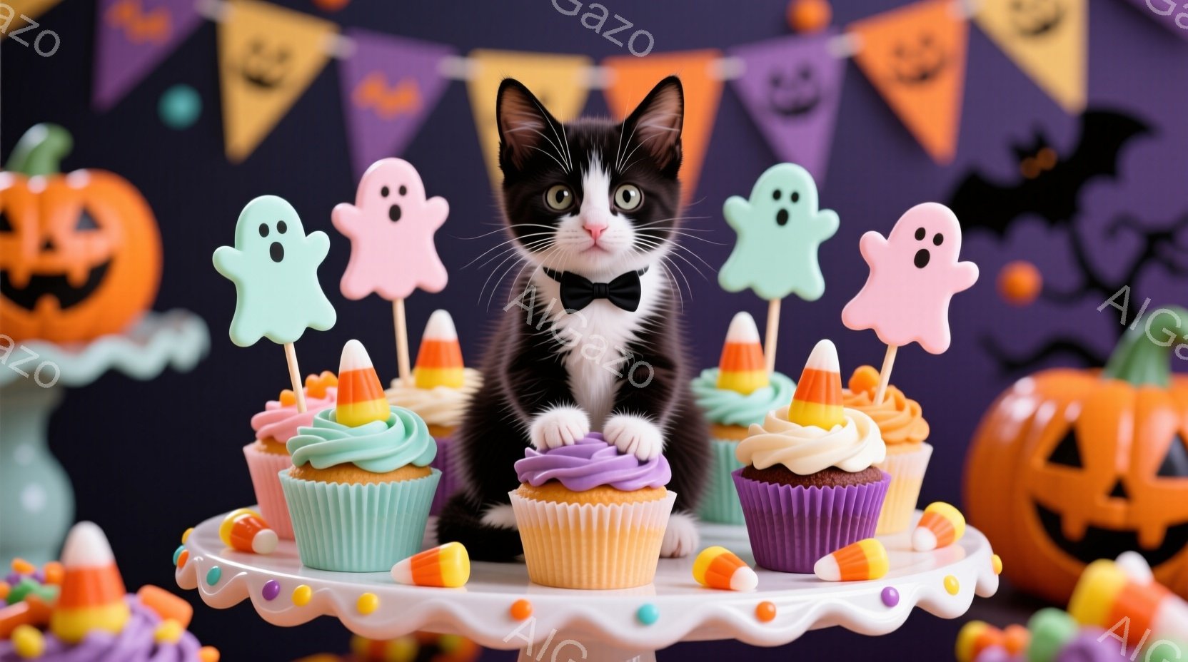 白と黒の猫が、ハロウィーンをテーマにしたケーキスタンドの上に座っています。猫は蝶ネクタイを付けており、お祝いの雰囲気を醸し出しています。背景には、ハロウィーンの装飾、カボチャ、キャンディコーン、お化けの飾りがあり、全体的に陽気で楽しい雰囲気です。