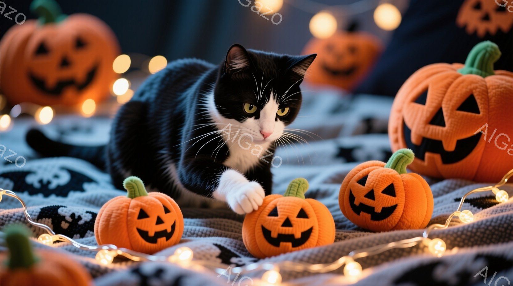 黒と白の猫がオレンジ色のジャック・オー・ランタンの周りで身をかがめています。猫は鋭い緑色の目でカメラを見つめ、お祝いの雰囲気の背景には、ハロウィーンをテーマにした布と暖かい光のストリングライトがありま - AI生成フリー素材