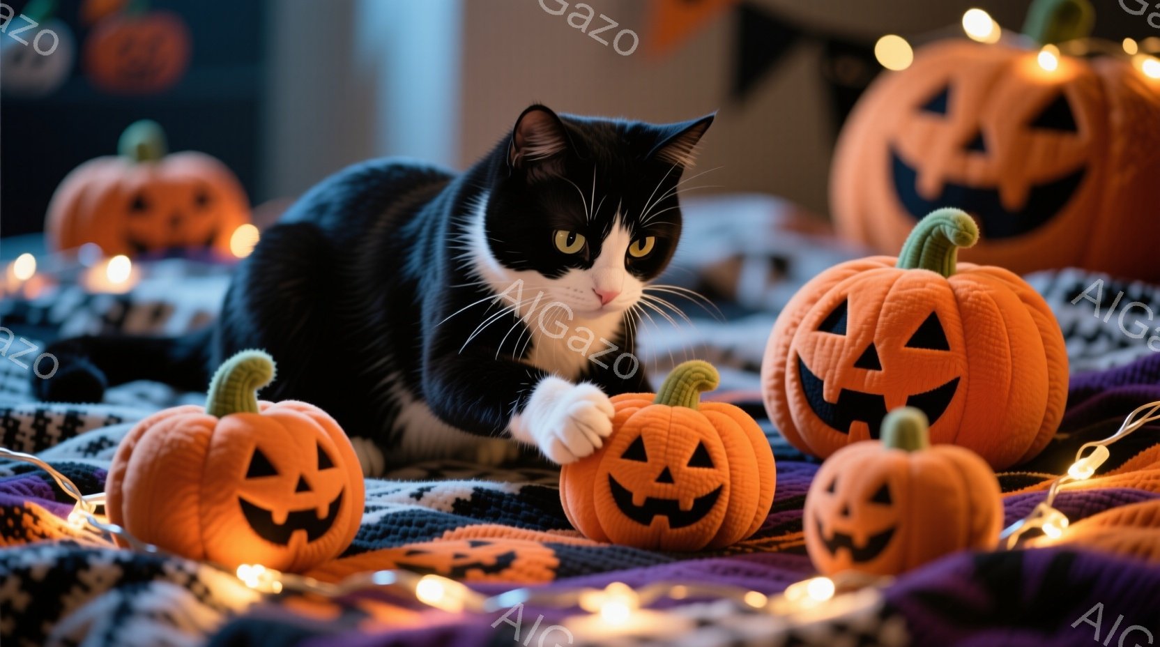 白と黒の猫が、ハロウィーンの装飾であるオレンジ色のジャック・オー・ランタンに囲まれて、紫色の毛布の上に横たわっています。猫は片手を前に伸ばし、まるで何かに触れようとしているかのように、リラックスした姿 - AI生成フリー素材