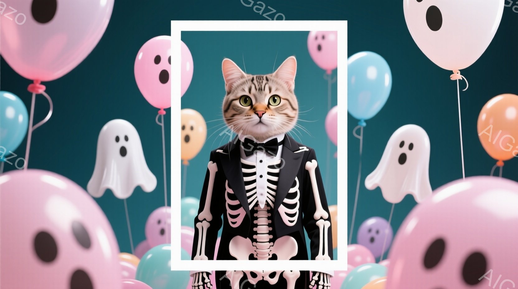 白いフレームの中に、骸骨柄のタキシードを着た猫が立っています。猫は前足を揃えてまっすぐに立ち、少し上目遣いでカメラを見ており、表情は落ち着いています。背景には、様々な色の幽霊の形をした風船が浮かび、お祭りやハロウィンのような楽しい雰囲気を醸し出しています。