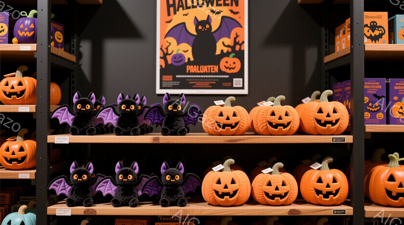 黒い棚には、ハロウィーンの装飾品が整然と並べられています。紫色の翼を持つ黒いコウモリのぬいぐるみと、ジャック・オー・ランタン風のオレンジ色の置物が交互に並んでおり、それぞれの品物には価格タグが付いています。背景にはハロウィーンをテーマにしたポスターが見え、全体的に祝祭的で楽しい雰囲気が漂っています。