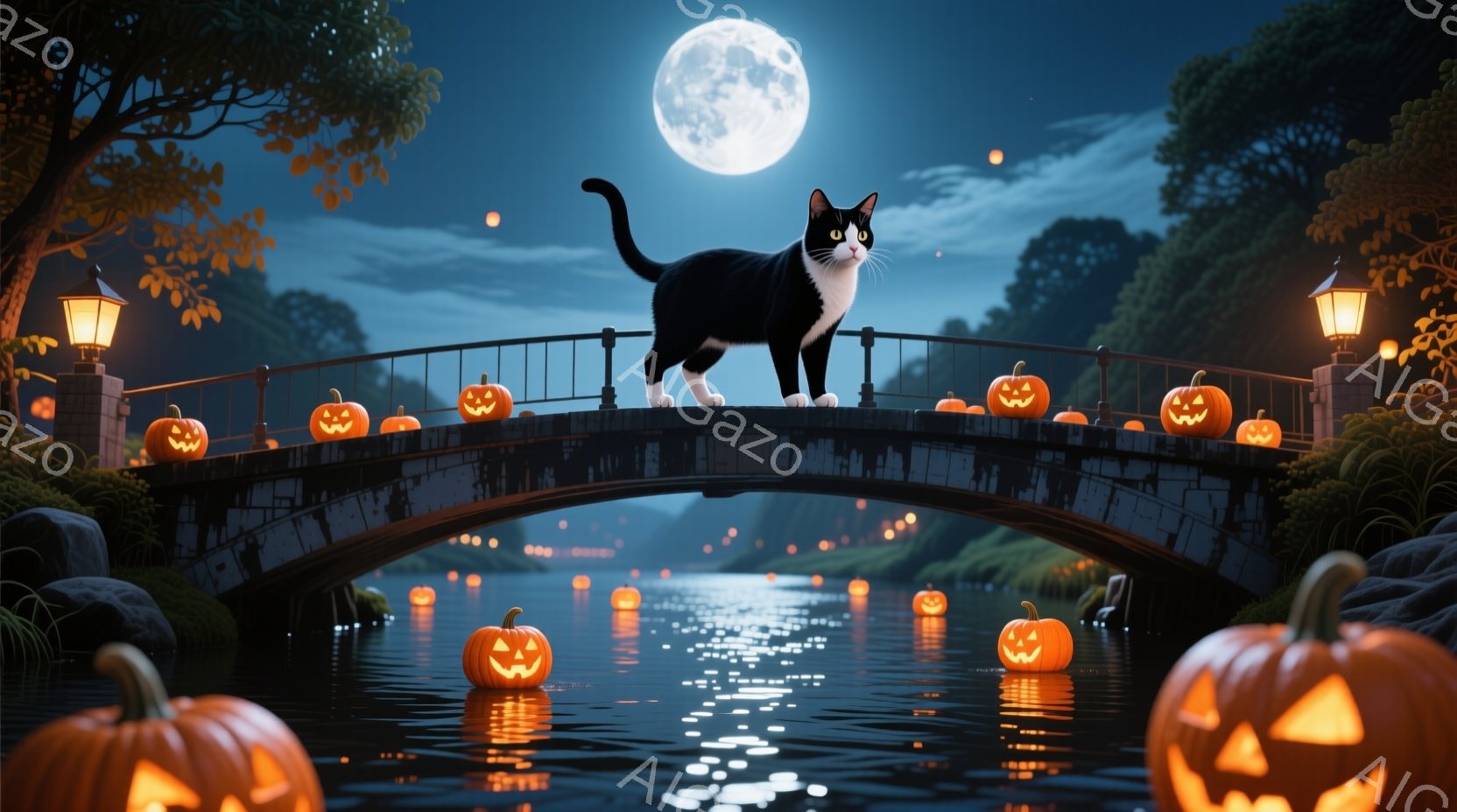 白と黒の猫が、ハロウィーンカボチャが浮かぶ池に架かるアーチ橋の上で、後ろ足を揃えて立っている。満月が夜空を照らし、水面にはカボチャの光と街灯の反射が揺らめき、秋の夜の神秘的な雰囲気を醸し出している。背景には暗い木々が見え、全体的に幻想的で少し不気味なハロウィーンの夜の情景が描かれている。