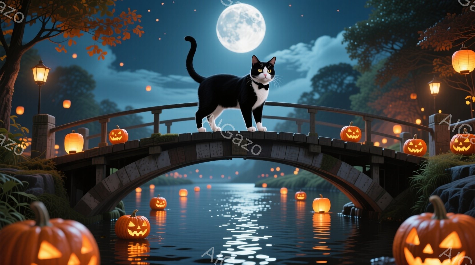 白と黒の猫が、ハロウィーンの飾りが施された古い石橋の上で誇らしげに立っている。橋の下には、水面に反射するカボチャのランタンが浮かび、月明かりが照らす夜空と緑豊かな自然が幻想的な雰囲気を醸し出している。全体として、神秘的で趣のあるハロウィーンの夜の情景が描かれている。
