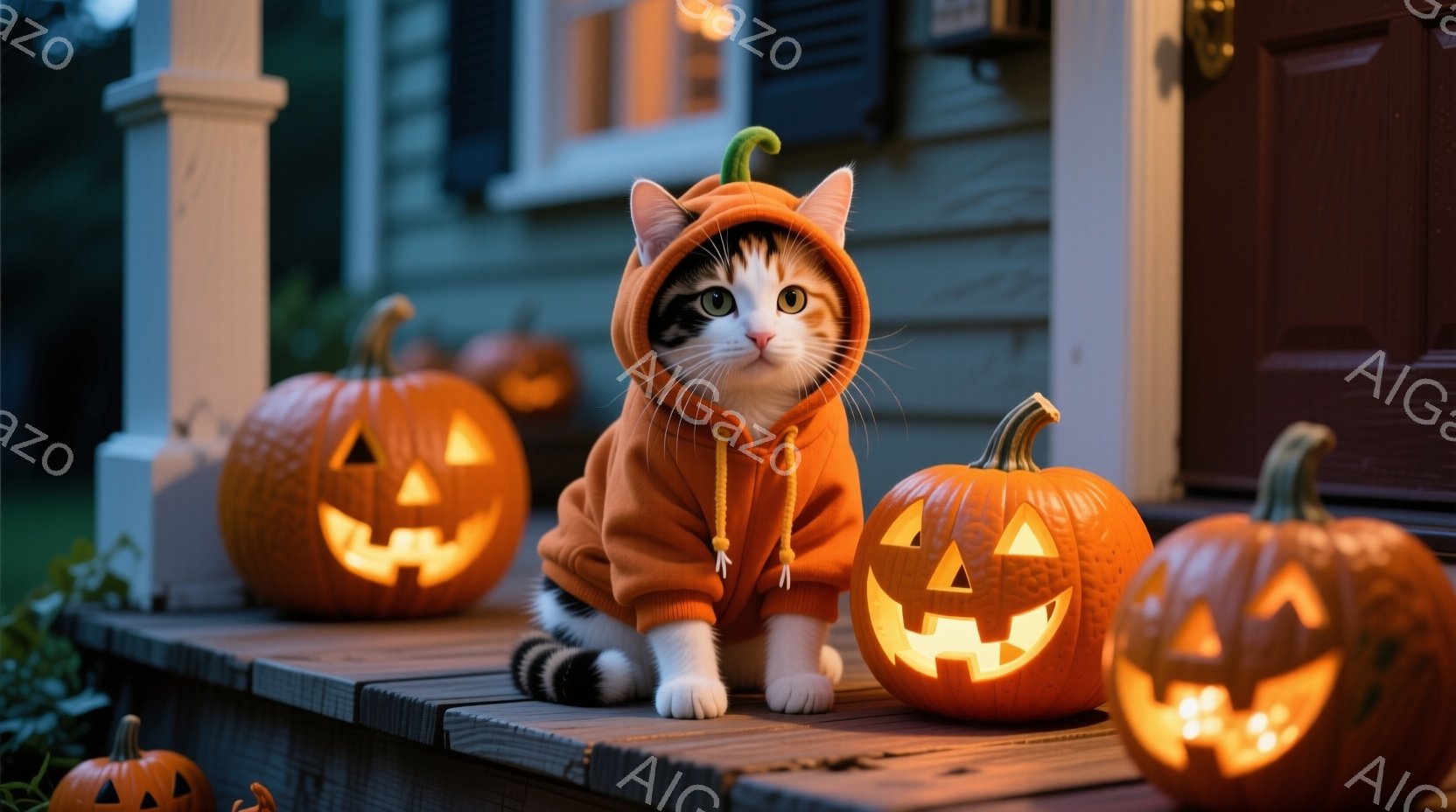 白と茶色の猫が、ハロウィーンカボチャ柄のオレンジ色のパーカーを着て、玄関の段に座っています。カボチャのランタンが猫の周りに並んでおり、優しい光を放っています。背景には木製のデッキと、薄暗いハロウィーン - AI生成フリー素材