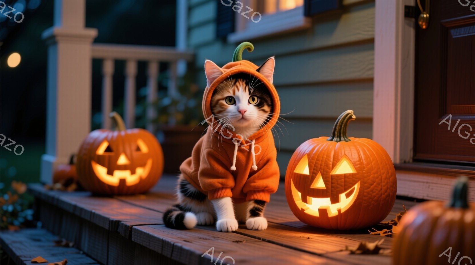 白と茶色の猫がオレンジ色のカボチャの衣装を着て、木製の階段に座っています。カボチャのランタンが猫の周りに置かれ、ハロウィーンの雰囲気を醸し出しています。背景には家の外観が見え、薄暗い光の中で秋の夜の静 - AI生成フリー素材