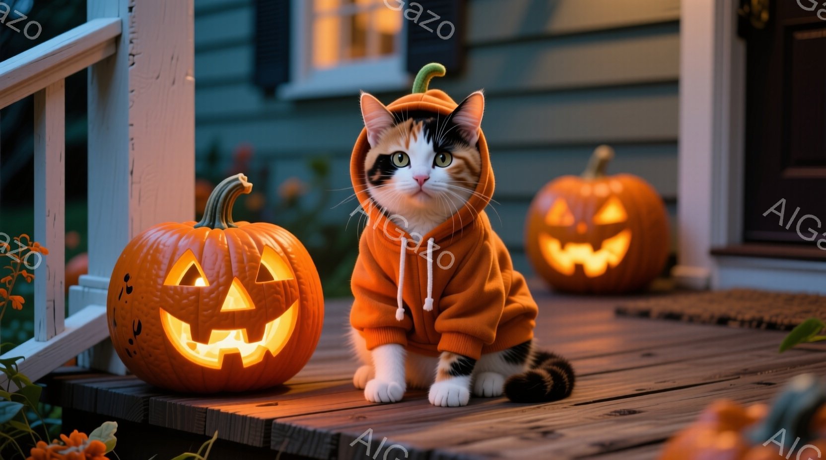 オレンジ色のハロウィン風のパーカーを着た猫が、彫刻されたジャック・オー・ランタンに囲まれて木製のベランダに座っています。猫は正面を見ており、好奇心と少しの困惑が入り混じった表情をしています。背景には、 - AI生成フリー素材