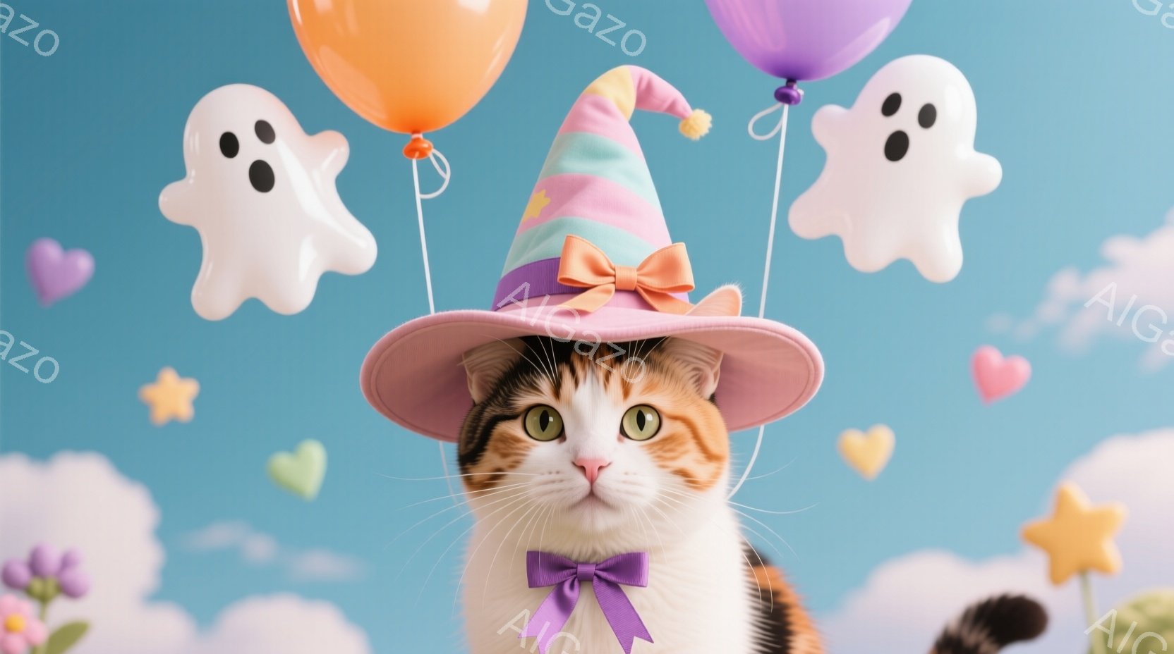 茶白の猫が、ピンクと水色のストライプがかった帽子と紫のリボンを身につけて正面を見つめています。背景は水色の空で、オレンジ、紫、ピンクの風船と幽霊や星の形のイラストが散りばめられています。全体的に、かわ - AI生成フリー素材