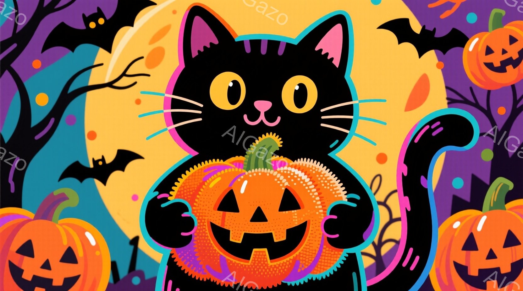 真っ黒な猫が、ジャック・オー・ランタンを抱きしめています。背景は紫とオレンジのグラデーションで、ハロウィーンらしいカボチャやお化け屋敷のシルエットが散りばめられています。全体的に明るく可愛らしい雰囲気 - AI生成フリー素材