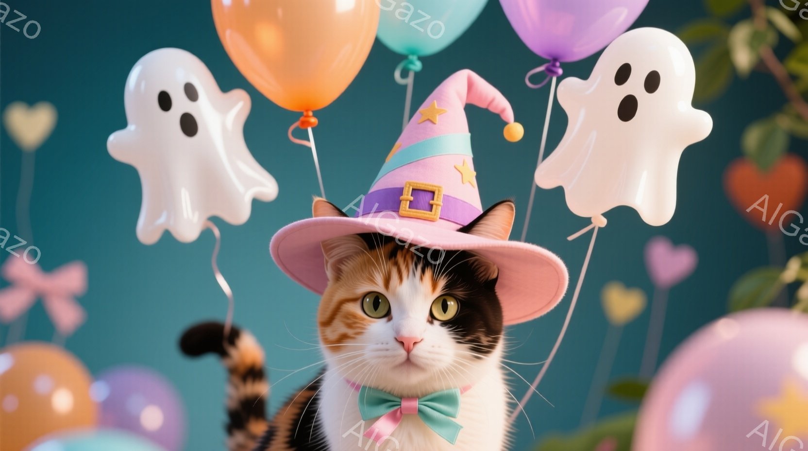 縞模様の猫が、ピンクと紫の魔女帽子と、水色の蝶ネクタイをつけています。猫は正面を見て少し微笑んでおり、ハロウィーンらしい風船（幽霊、ハート、丸い球体）に囲まれています。背景は緑色で、お祝いの雰囲気を醸 - AI生成フリー素材