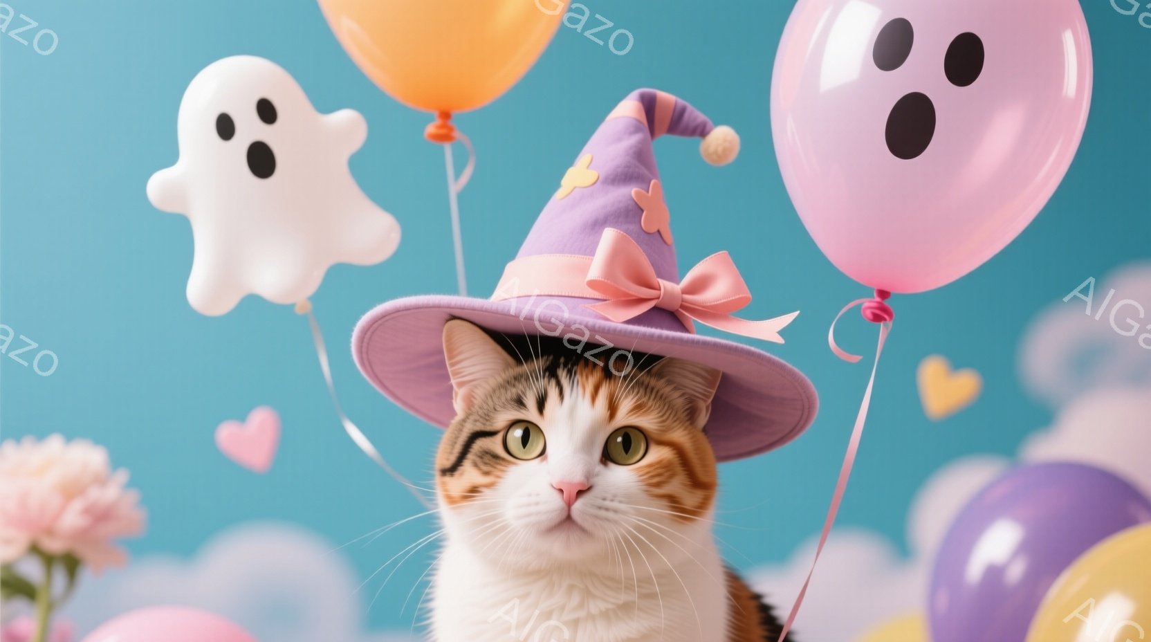 白と茶色のまだら模様の猫が、紫色の魔女帽子をかぶり、正面を見つめています。背景には、オレンジ、ピンク、紫色の風船と、お化けの形をしたバルーン、そしてハート型のバルーンが浮かび、春らしいパステルブルーの - AI生成フリー素材