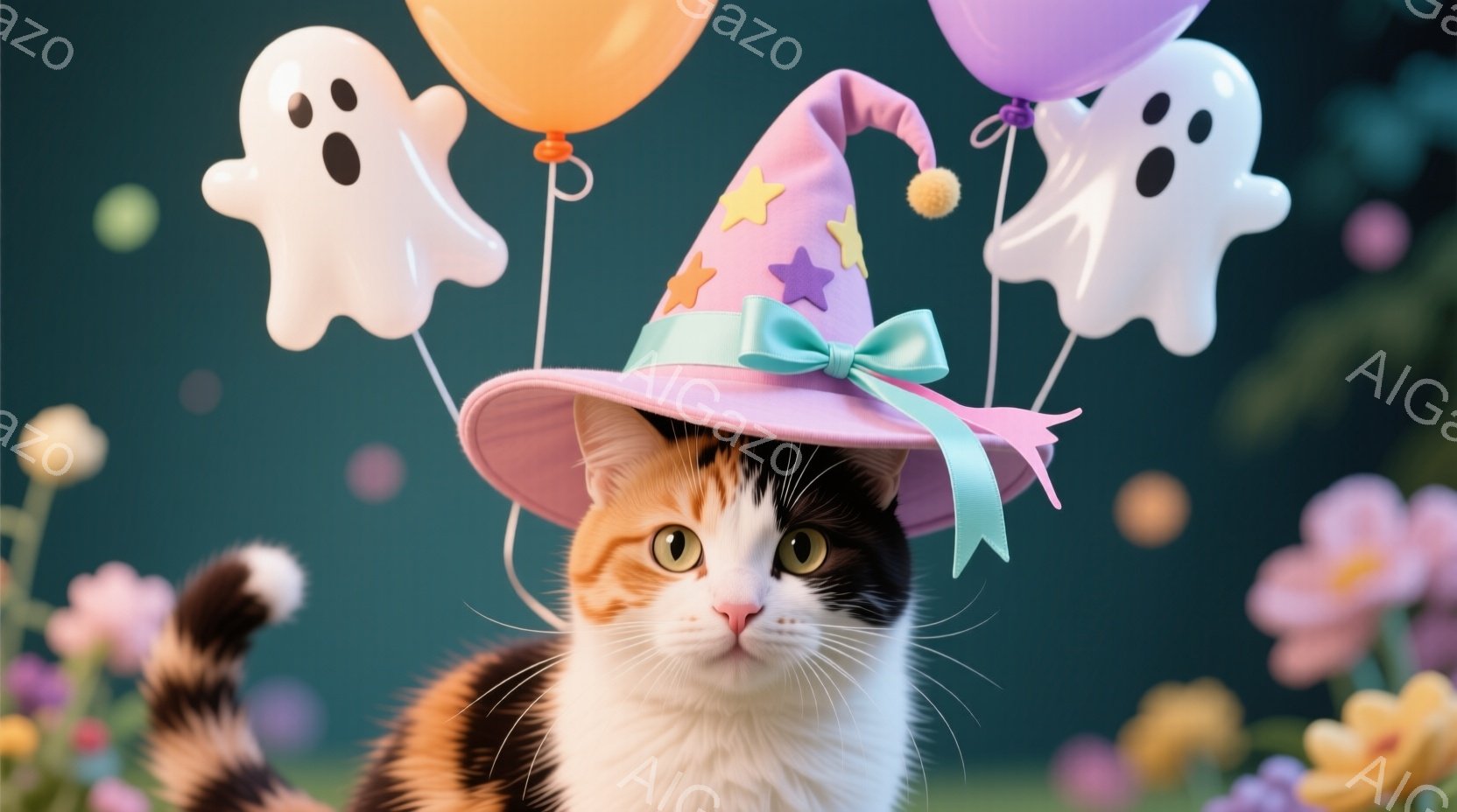 暖色と白の毛並みを持つ猫が、ピンクと紫のストライプの魔女帽子をかぶって正面を見つめています。帽子にはリボンと星の飾りがあり、猫の表情は穏やかで少し好奇心旺盛です。背景は緑の草と様々な色合いの花で彩られ - AI生成フリー素材