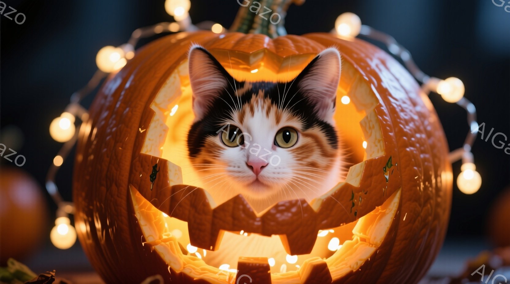 くり抜かれたカボチャの中に、毛むくじゃらの三毛猫が顔を出している。猫は正面を見つめ、興味津々な表情で、温かい光が内部から猫の顔を照らしている。背景にはぼんやりとした暗闇が広がり、カボチャの周囲に小さな - AI生成フリー素材