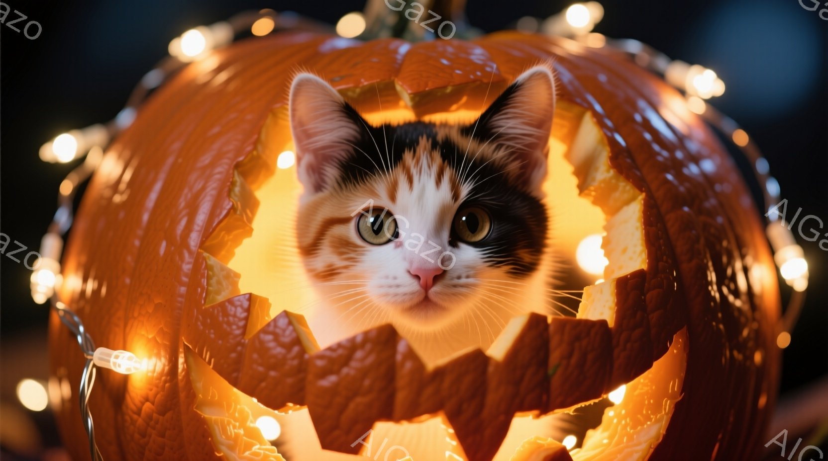 白と茶色のまだら模様の猫が、ハロウィーンのくり抜かれたカボチャの中に顔を出しています。猫は正面を見ており、少し驚いたような表情をしています。カボチャの周りにはオレンジ色の光が点滅しており、お祝いの雰囲 - AI生成フリー素材