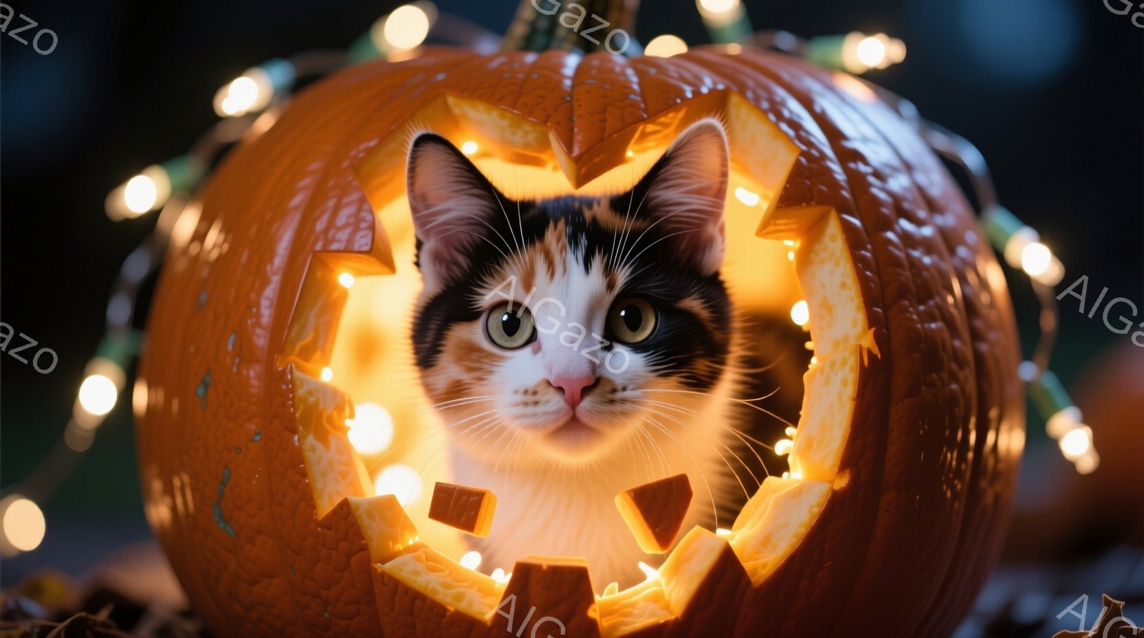 オレンジ色のくり抜かれたカボチャの中に、白、黒、オレンジの毛並みをした猫が顔を出しています。猫は丸い目でカメラを見つめ、リラックスした表情をしています。背景には、ぼやけた光のストリングがカボチャを取り - AI生成フリー素材