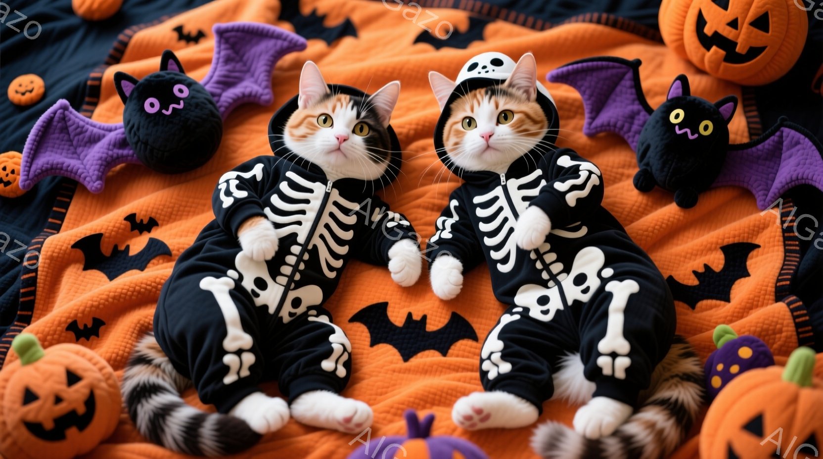 オレンジと黒のハロウィン柄の背景に、骸骨のコスチュームを着た茶トラ猫が2匹寄り添って座っています。猫たちは少し困ったような表情で、前足を伸ばして可愛らしいポーズをとっています。背景には、カボチャやお化け、コウモリのぬいぐるみなどが配置され、ハロウィンの楽しい雰囲気を盛り上げています。