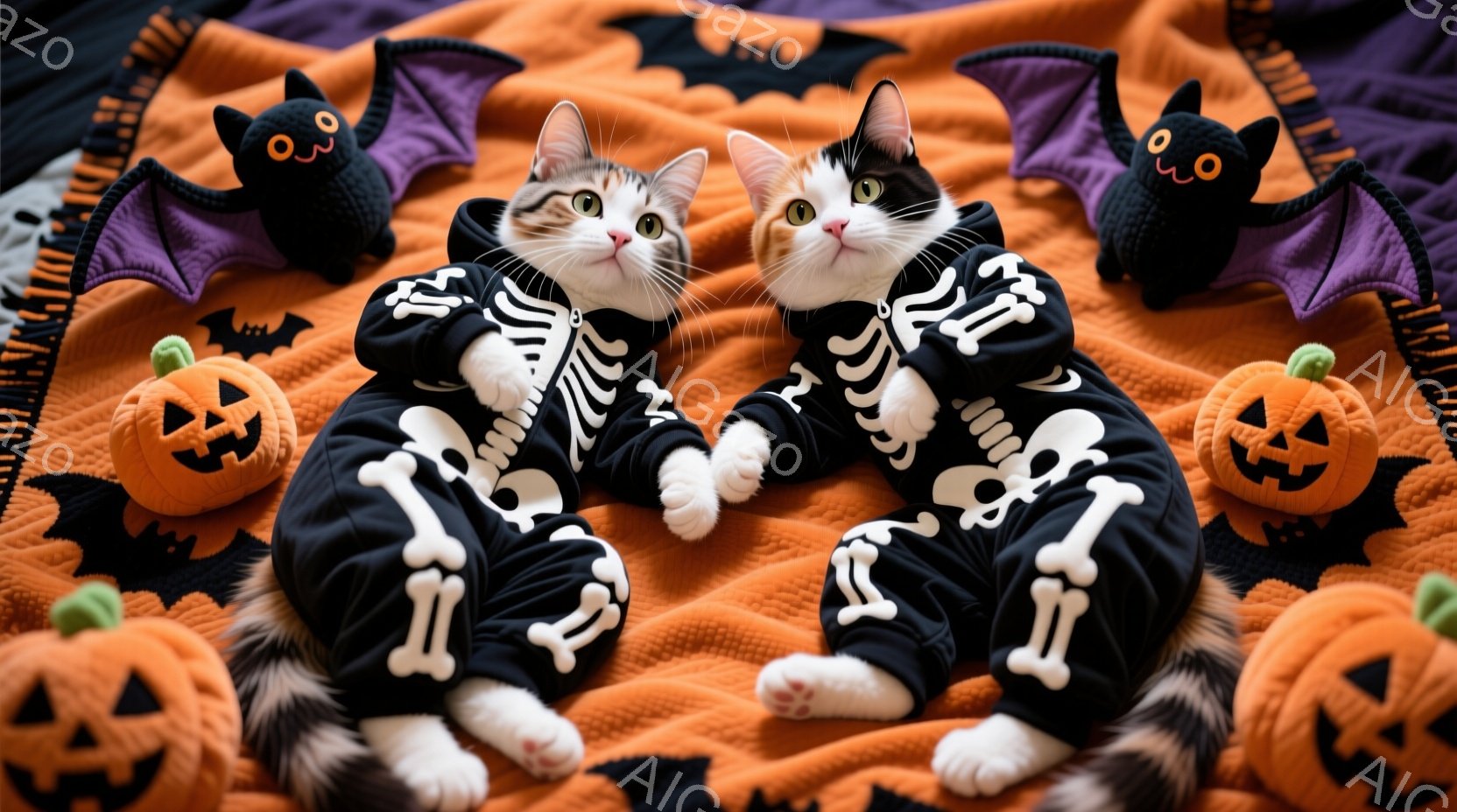 白と黒の猫がハロウィーンをテーマにしたオレンジ色の背景に、スケルトンの模様がプリントされた黒い衣装を着て寄り添っています。猫たちはリラックスした表情で、おとなしくカメラ目線を送っています。背景には、カボチャやお化けの形をした装飾が配置され、ハロウィーンの楽しい雰囲気を醸し出しています。