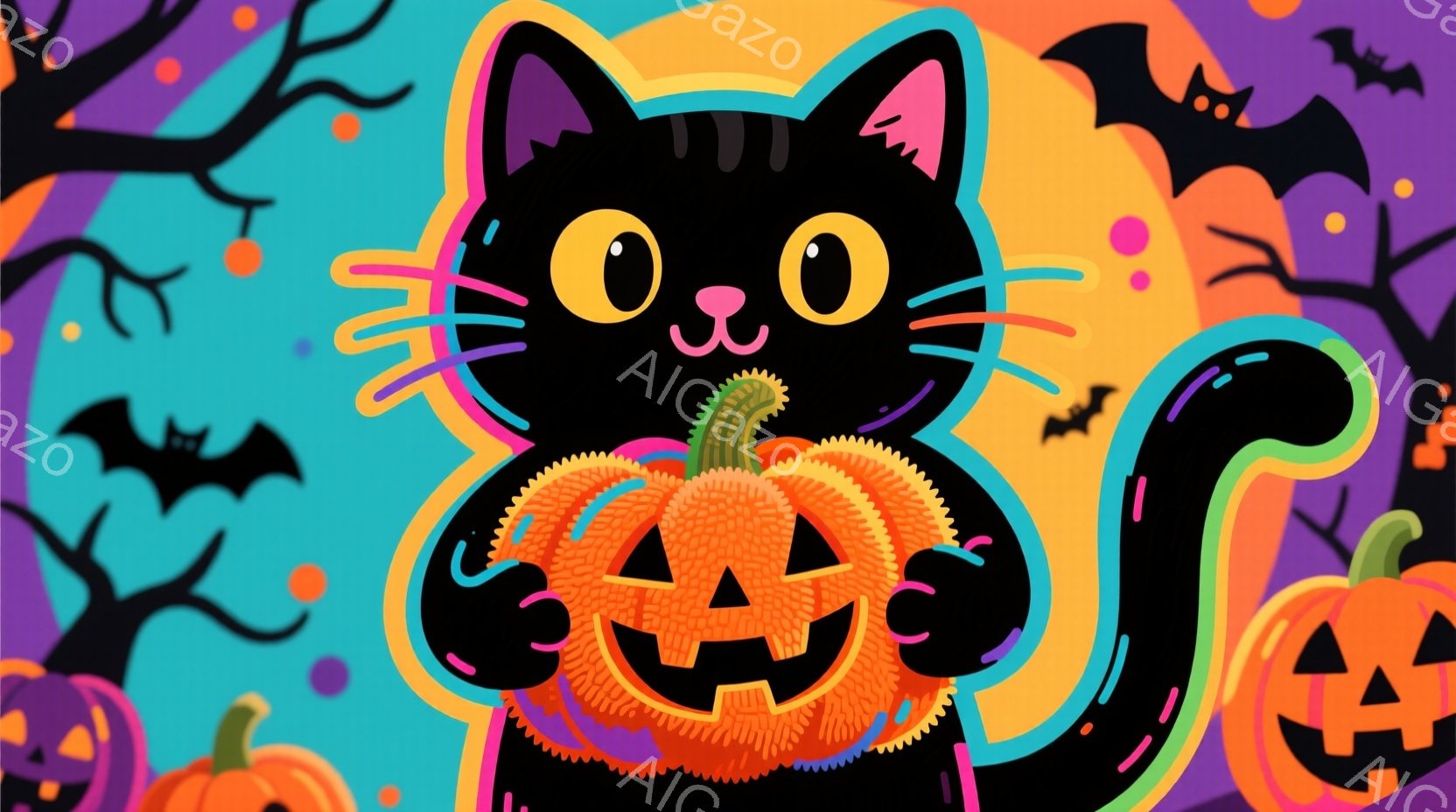 黒猫がオレンジ色のジャック・オ・ランタンを抱きかかえて描かれています。背景は紫、オレンジ、ピンクのグラデーションで、黒いコウモリやハロウィーンの飾り付けが散りばめられ、祝祭的な雰囲気です。 全体的に、 - AI生成フリー素材