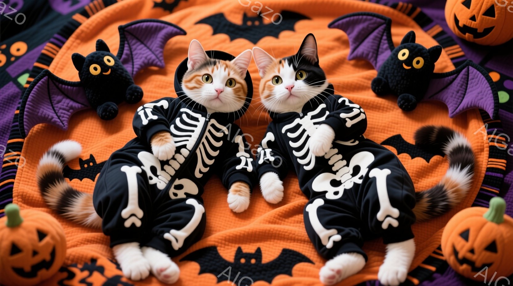 オレンジ色の背景に、骨柄の衣装を着た二匹の猫が並んで座っています。片方の猫は白と茶色の毛並みで、もう片方は白と黒の毛並みで、どちらも少し驚いたような表情をしています。背景にはハロウィンのカボチャやコウモリのぬいぐるみがあり、全体的に楽しいハロウィンの雰囲気が漂っています。