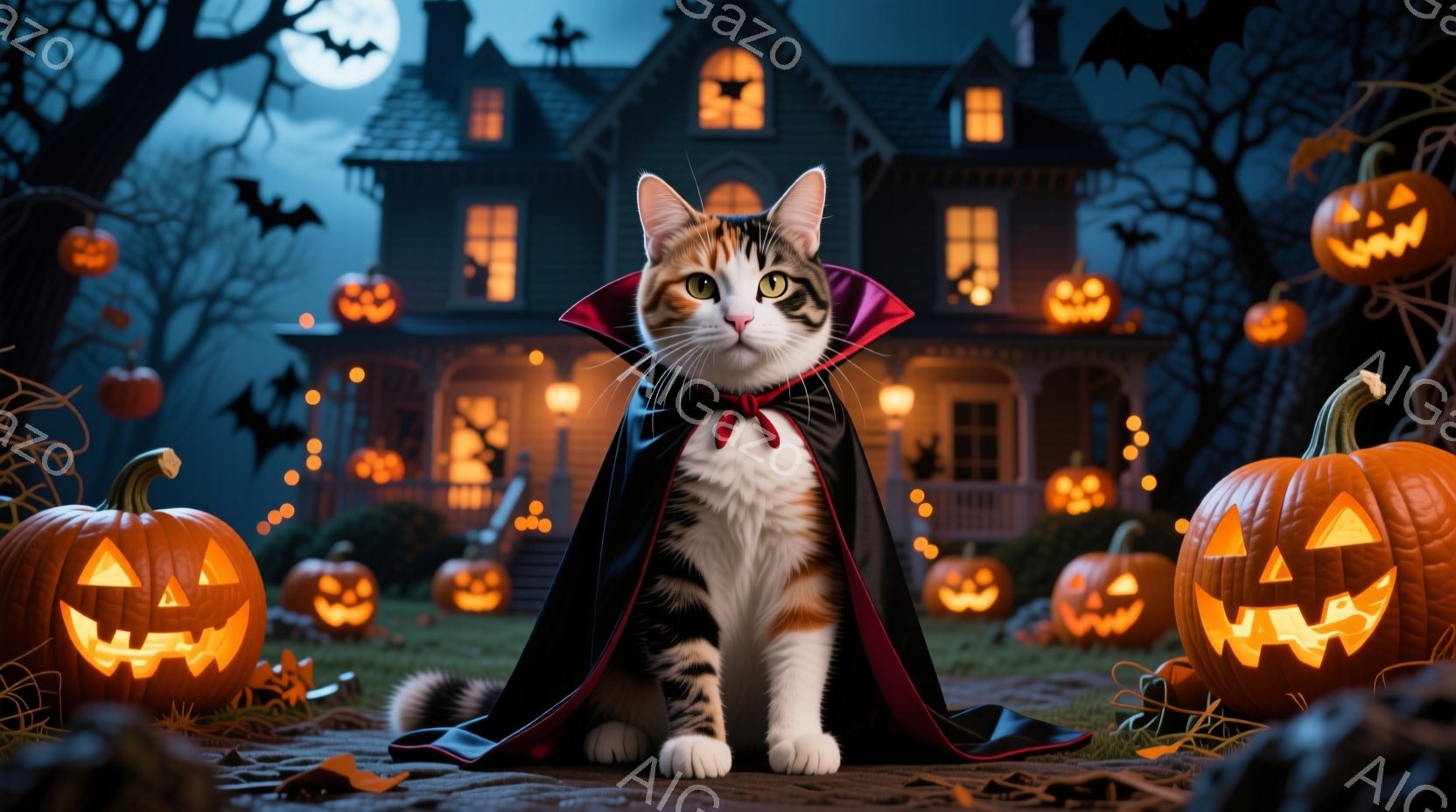 コーギーは「ドラキュラ」として、背景のハロウィンの家やイベントの装飾が真剣に演じられています。着物は細かく詳細で、表情は真面目だが少し冷たくもあります。姿勢は前向きで直立していると感じられます。全体的に、スペクターの期待に対して、本当のハロウィンの雰囲気を引き出すようなユニークな写真です。