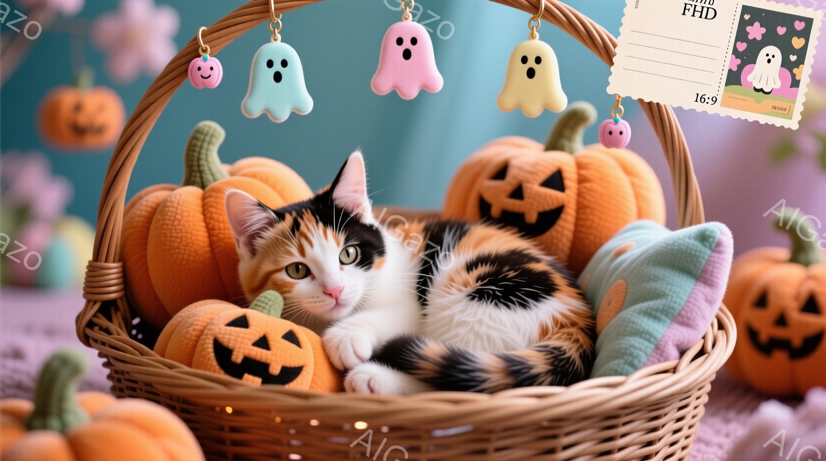 カゴの中に三毛猫が丸まって眠っています。カゴの中には、ハロウィーンの飾りであるオレンジ色のジャック・オ・ランタンや、可愛らしいお化けの飾り、そしてふわふわのピンクの布があります。背景にはぼやけた花柄があり、全体的に暖かく、可愛らしい雰囲気が漂っています。