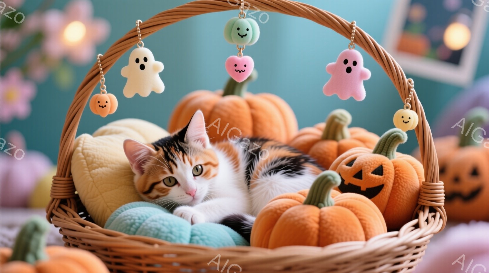 オレンジ色の背景に、かぼちゃとハロウィーンの飾りでいっぱいのバスケットの中に、三毛猫が丸まって眠っています。猫はリラックスした表情で、バスケットのふかふかの青い敷物の上で安らかに眠っている様子です。ハ - AI生成フリー素材