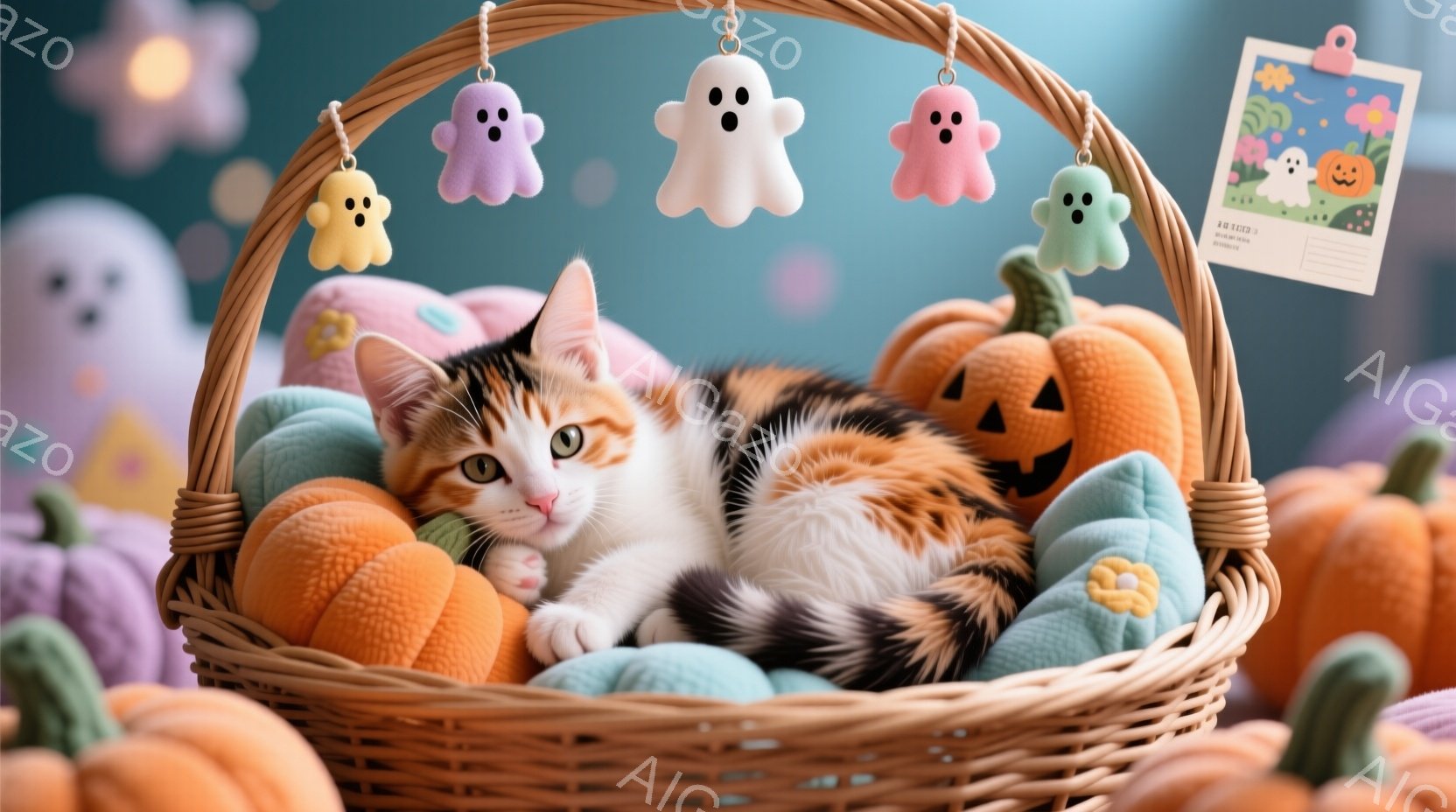オレンジと白の毛並みを持つ子猫が、ハロウィーンの装飾で満たされたバスケットの中に横たわっています。バスケットの中にはオレンジ色のカボチャのぬいぐるみと、幽霊の形の可愛らしい飾り付けがあり、背景は紫色の布で覆われています。全体的に暖かく、愛らしい雰囲気で、ハロウィーンの季節を象徴する一枚の写真です。