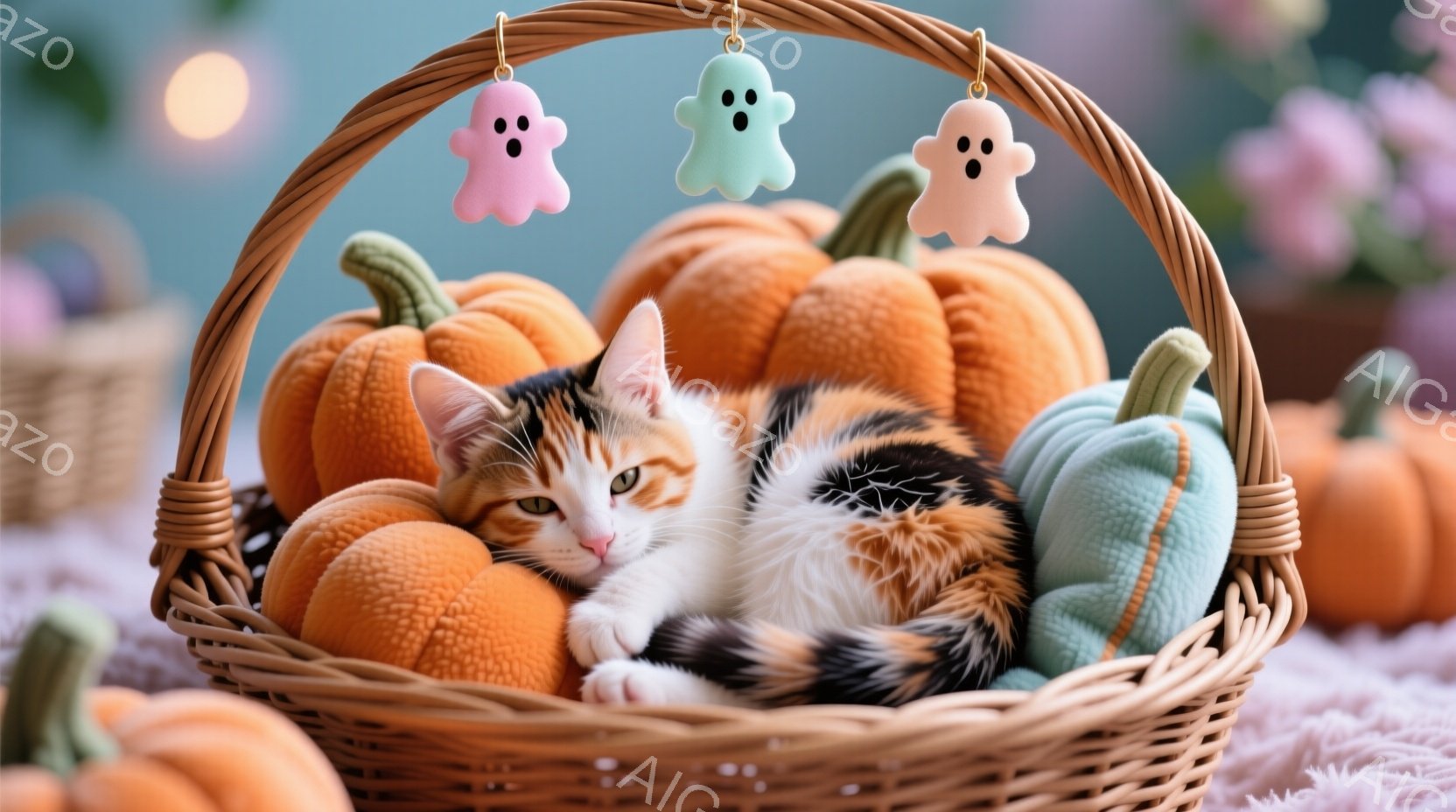 オレンジ色のカボチャと、水色のカボチャに囲まれた、三毛猫がバスケットの中に丸まって眠っています。猫はリラックスした表情で、バスケットから吊るされたお化けの飾りも確認できます。背景にはぼやけた花々が見え、全体的に温かく、秋らしい雰囲気が漂っています。