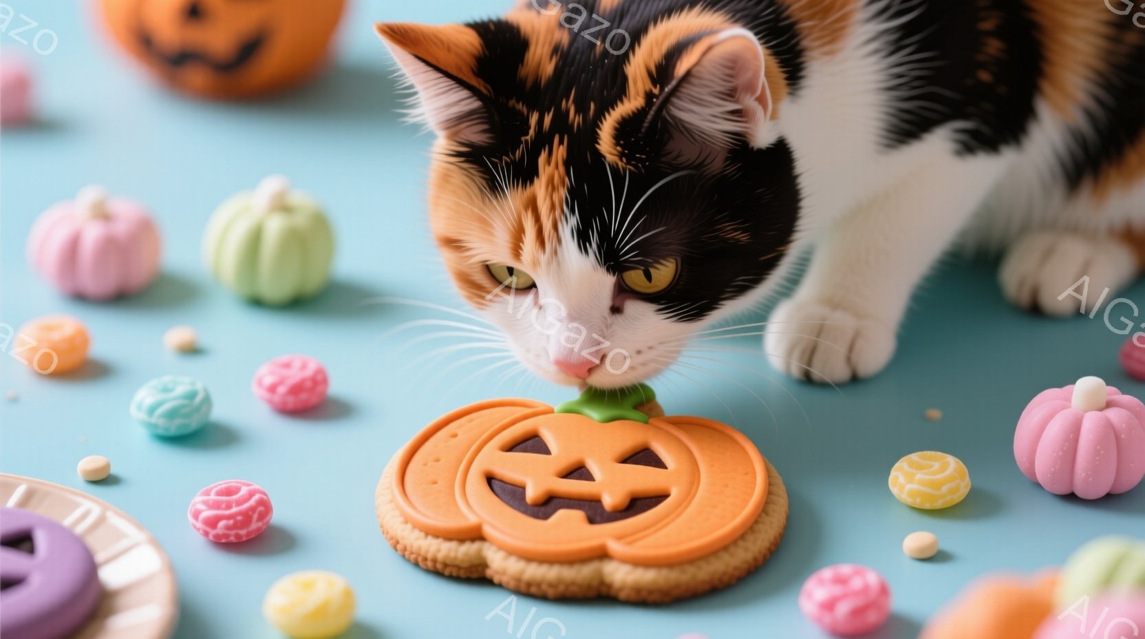 鮮やかな水色の背景に、三毛猫がハロウィーンのクッキーに顔を近づけています。クッキーはカボチャの形をしており、猫は興味津々な表情でそれを調べています。周囲には、カラフルなキャンディーや小さなカボチャの形 - AI生成フリー素材