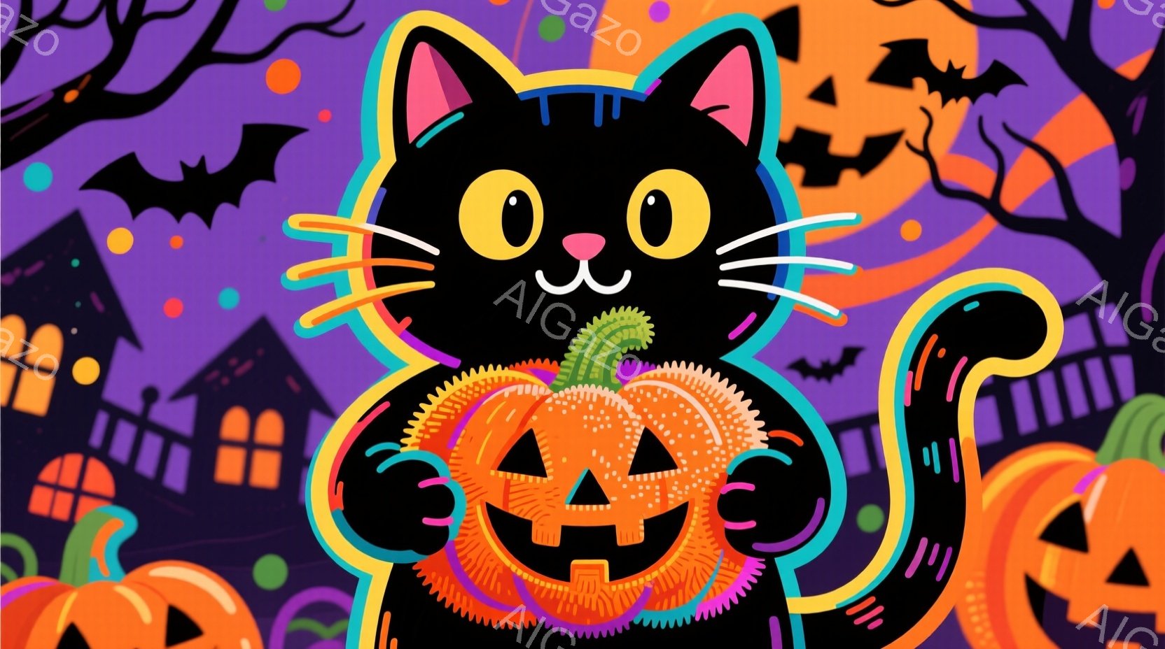 黒猫が、オレンジ色のハロウィーンのジャック・オー・ランタンを両手で抱えています。背景には紫色の空、シルエットの家々、コウモリ、そして他のジャック・オー・ランタンが散りばめられており、ハロウィーンの陽気 - AI生成フリー素材