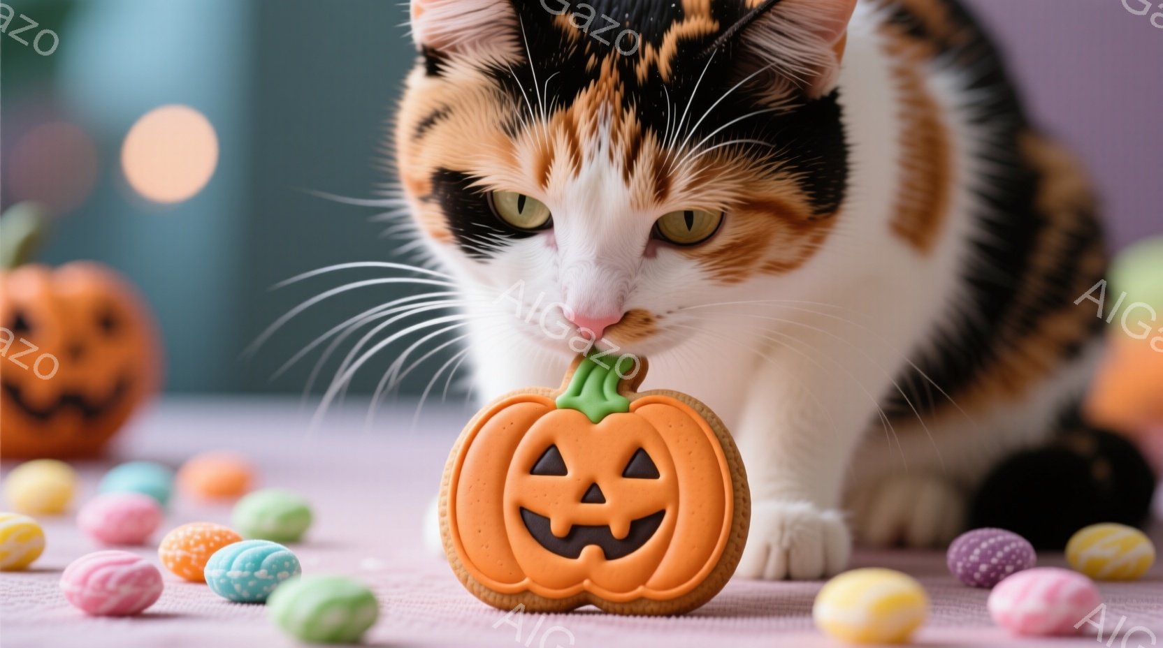 白地にオレンジと黒の模様が特徴的な猫が、ハロウィーンのパンプキンクッキーを鼻で押しています。背景にはパステルカラーのキャンディーが散りばめられ、ぼやけたオレンジ色の装飾がいくつか見えます。 全体的に明るく、遊び心のある、かわいらしい雰囲気です。