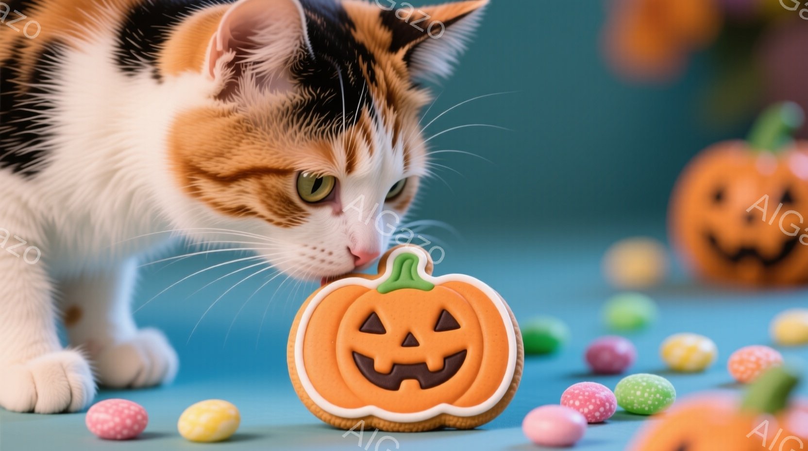 白とオレンジの毛並みを持つ猫が、ハロウィーンのクッキー型パンプキンに鼻を近づけています。背景は水色の単色で、パンプキン型のクッキーとカラフルなキャンディが散りばめられています。暖かく、遊び心のあるハロウィーンの雰囲気が漂います。