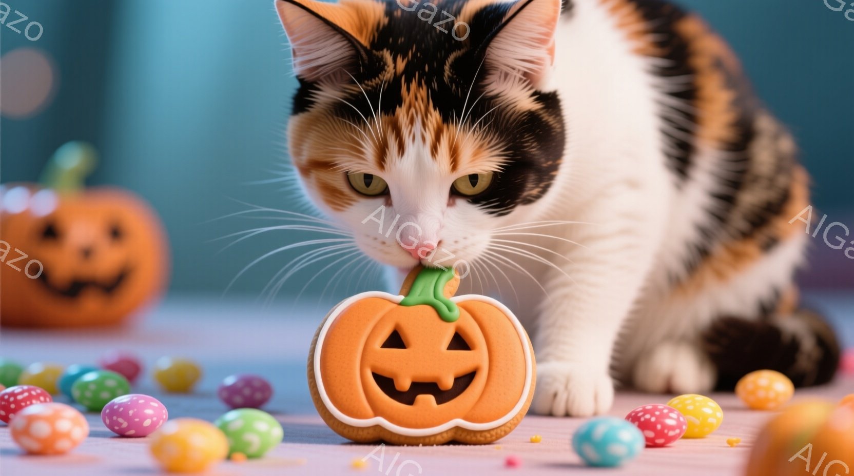 白とオレンジ色のまだら模様の猫が、ハロウィーンのクッキー型のお菓子を前にして興味津々で顔を近づけています。周囲にはカラフルなキャンディーが散らばり、背景は淡いピンク色で、お祝いムードを演出しています。 - AI生成フリー素材