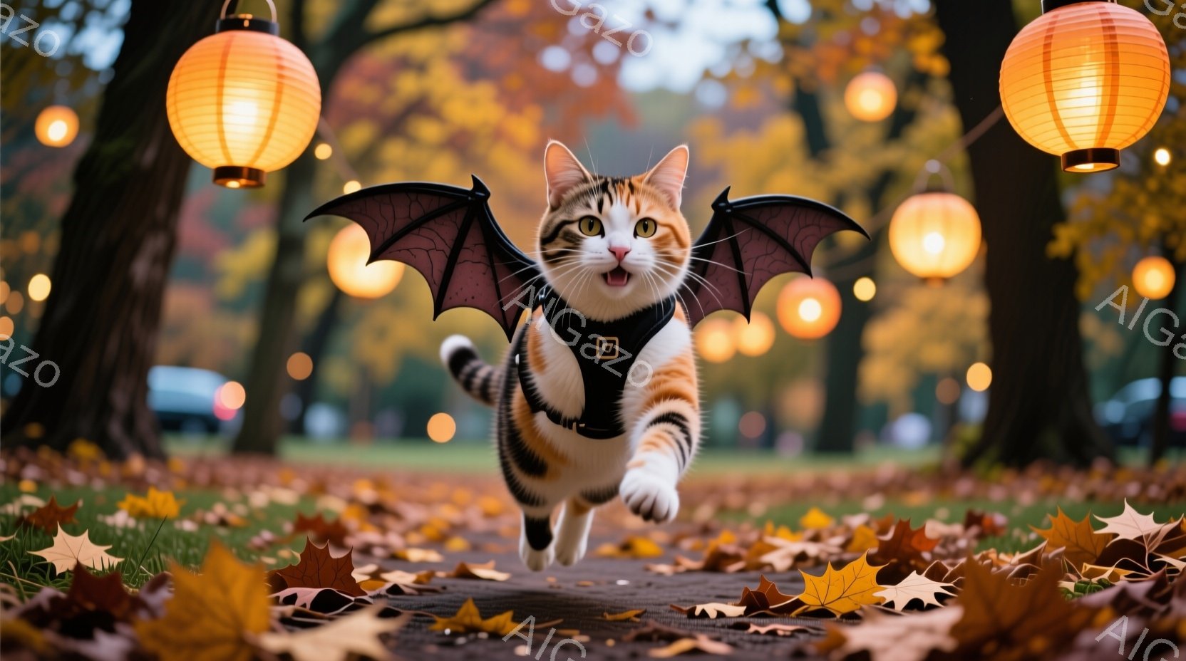 白とオレンジ色のまだら模様の猫が、黒いコウモリの翼とハーネスをつけて、落ち葉が散らばる遊歩道を勢いよく走っている。背景には、ぼんやりと見える木々と、温かい光を放つ提灯が並び、秋の穏やかで幻想的な雰囲気を醸し出している。猫の表情は嬉しそうで、動きのある構図と暖色系の色調が、遊び心あふれる秋の情景を強調している。