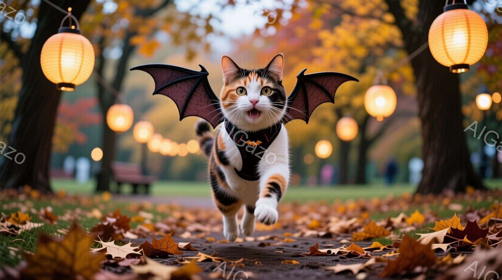 白とオレンジ色の斑点模様の猫が、黒いコウモリの羽を装着して遊歩道を走り去っている。背景には、秋の紅葉と、ぼんやりと見える木々、そして夕暮れ時のような柔らかな光を放つ提灯が並び、ハロウィンのような趣のあ - AI生成フリー素材