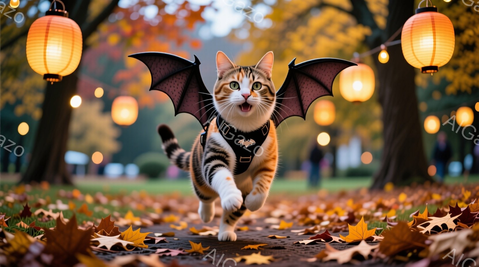 オレンジと白の毛並みの猫が、黒いコウモリの羽のようなものを身に着け、芝生の上を駆け抜けている。背景には、落ち葉が散らばった遊歩道と、オレンジ色の光を放つ提灯が並ぶ木々が見え、秋の暖かく幻想的な雰囲気を醸し出している。猫は口を開けて楽しそうに走り、躍動感に満ちた姿が印象的である。