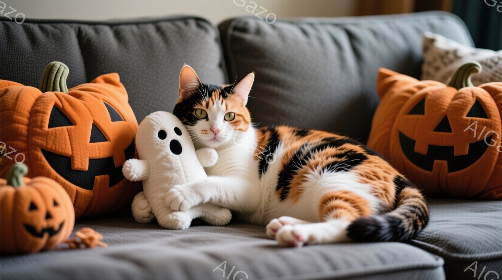 鮮やかなオレンジ色のハロウィーンの装飾品に囲まれた、三毛猫が灰色のソファの上でリラックスして横たわっています。猫は片足を曲げ、もう片足を伸ばして、白いゴーストのぬいぐるみに寄りかかっています。背景には - AI生成フリー素材