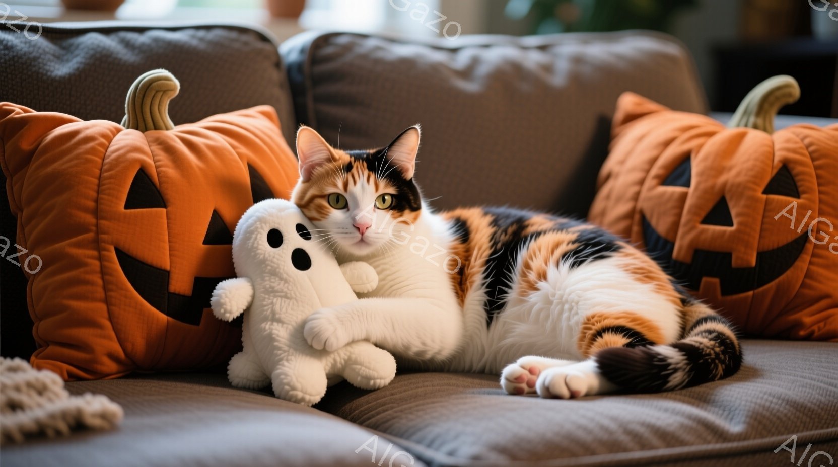 明るい色のソファに、三毛猫が横たわっています。猫はリラックスした様子で、小さな白いお化けのぬいぐるみと寄り添っています。背景にはハロウィーンを意識したかぼちゃのクッションが配置され、暖かく、居心地の良 - AI生成フリー素材