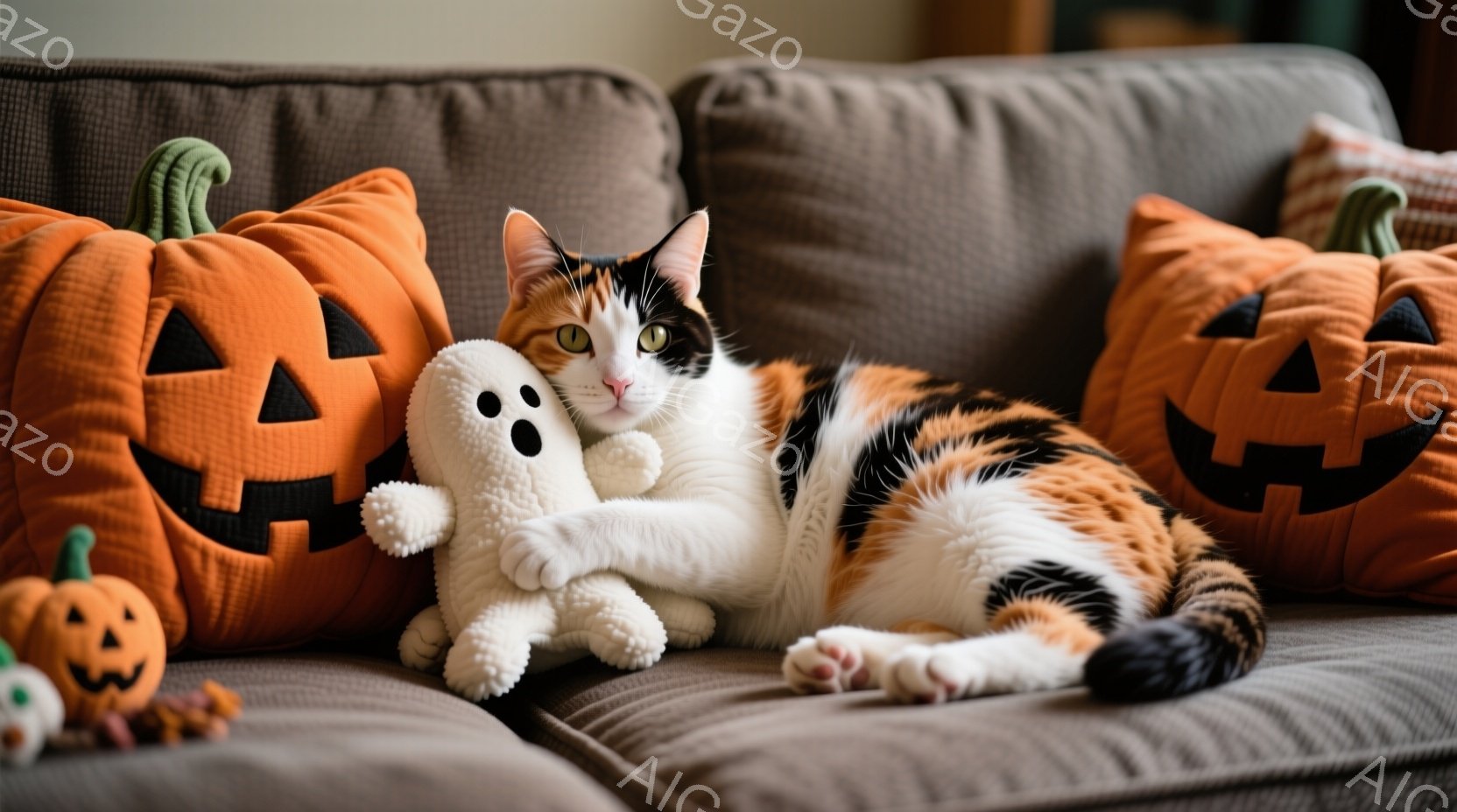 オレンジと白のまだら模様の猫が、ハロウィーンをテーマにしたクッションに囲まれてソファでくつろいでいます。猫は白いお化けのぬいぐるみをつかみ、リラックスした表情で横たわっており、背景には小さなカボチャの飾りも確認できます。全体的に暖かく、秋らしい、居心地の良い雰囲気が漂っています。